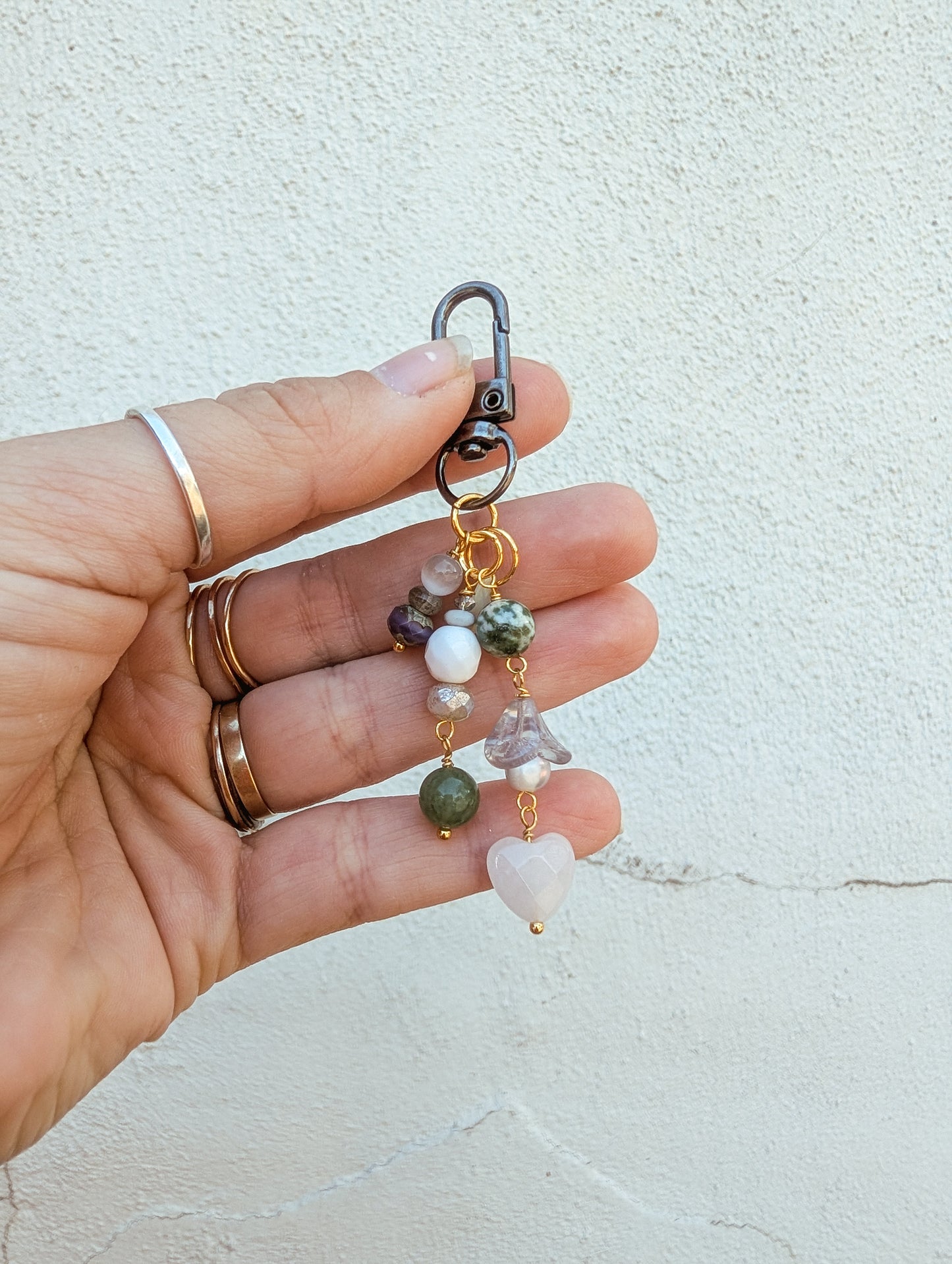 Bag Charm - Mossy - Moss Jasper, Pearl, Rose Quartz Faceted Heart