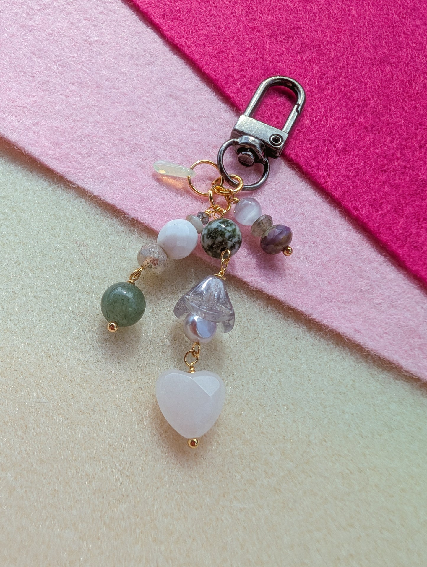 Bag Charm - Mossy - Moss Jasper, Pearl, Rose Quartz Faceted Heart