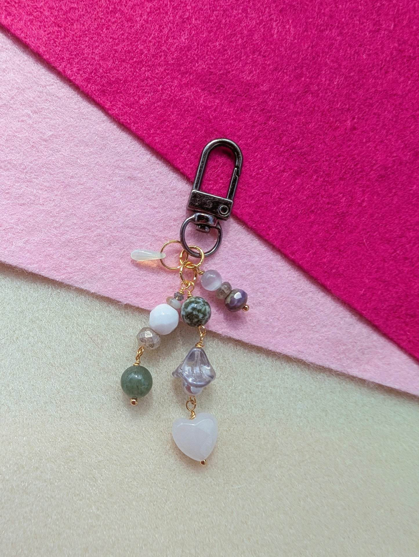 Bag Charm - Mossy - Moss Jasper, Pearl, Rose Quartz Faceted Heart