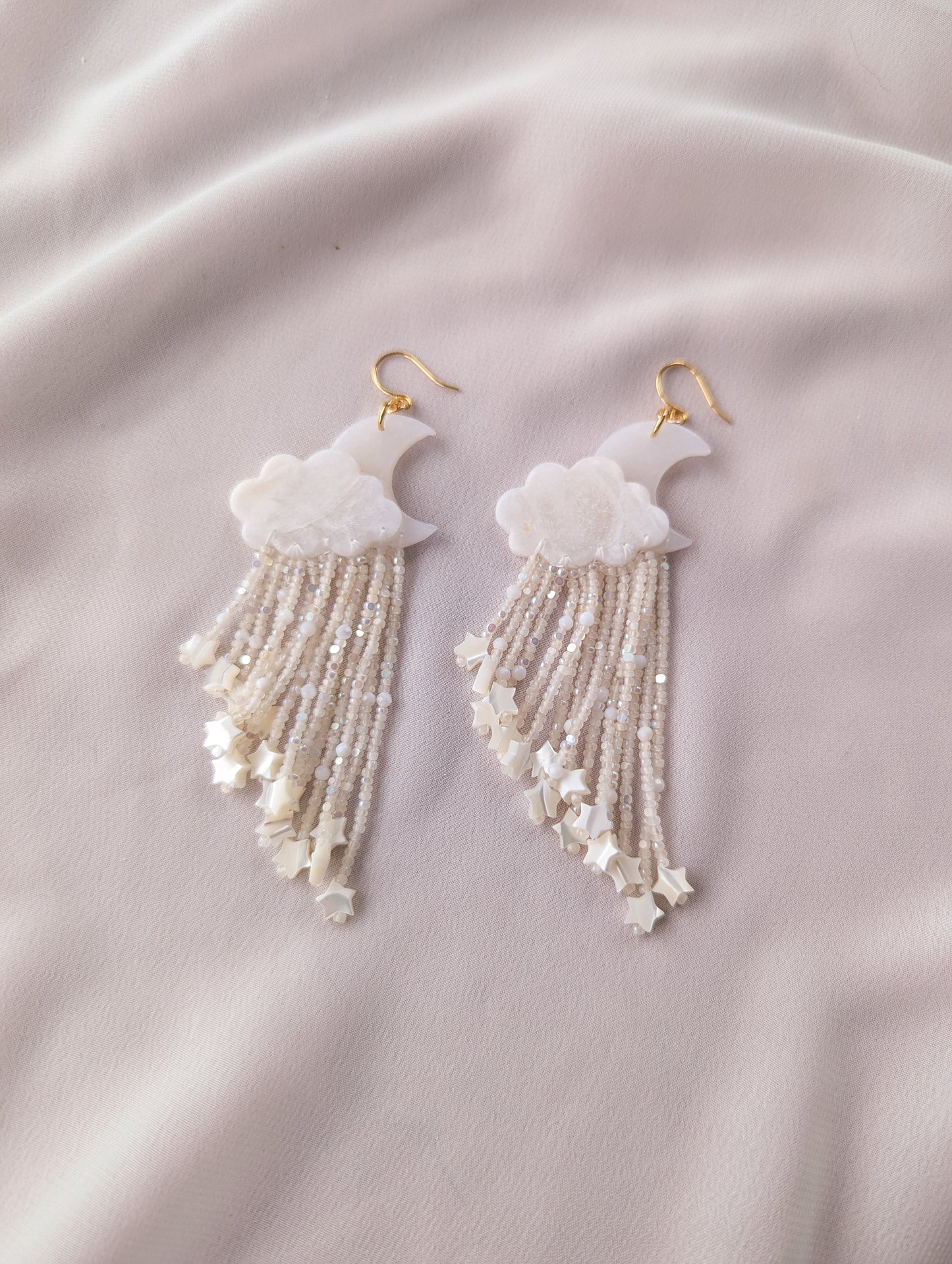 Moon Fringe - Midi - Snow Quartz - Mother of Pearl Stars & Faceted Pearls - Buffed - Glimmer