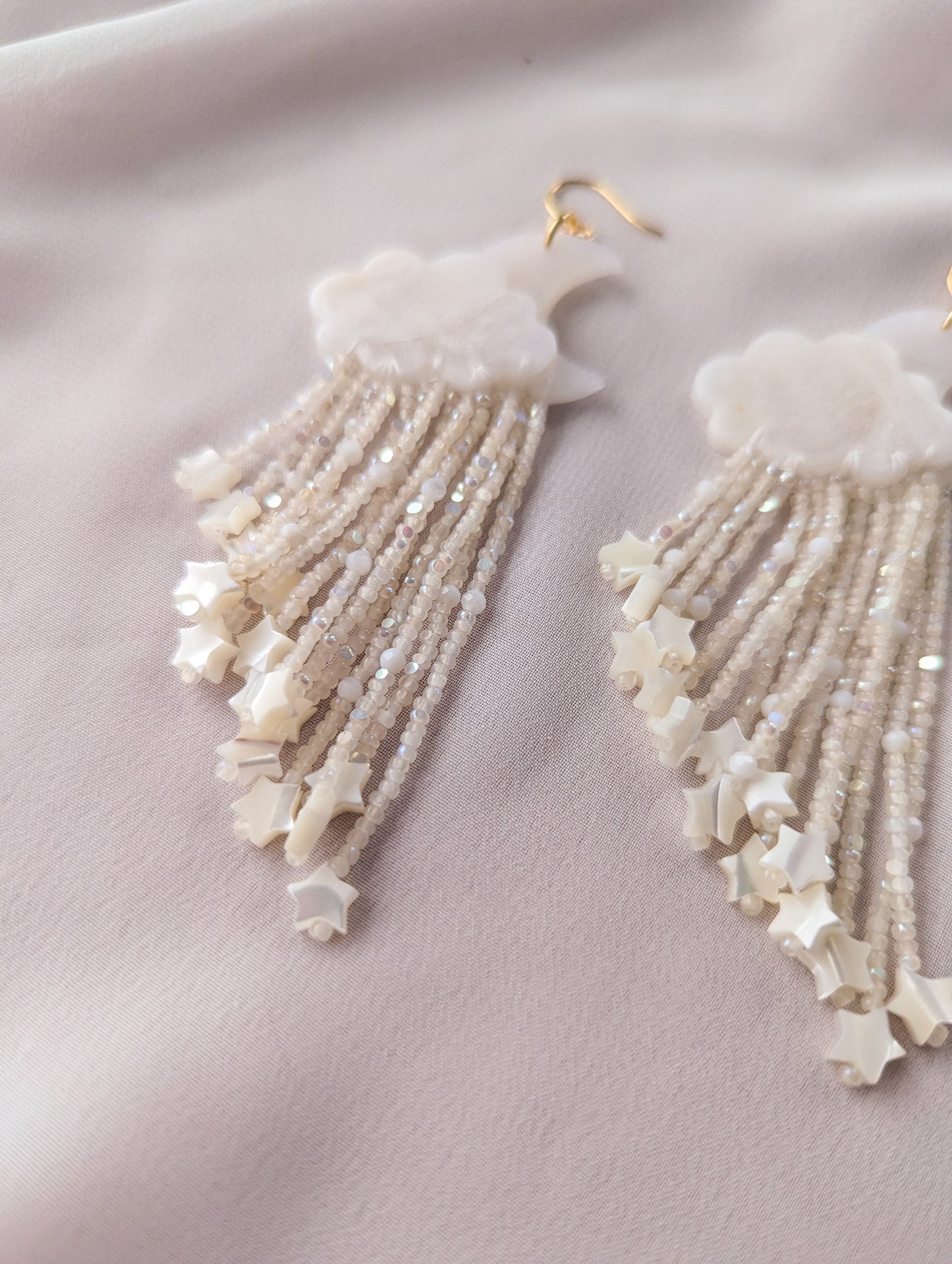 Moon Fringe - Midi - Snow Quartz - Mother of Pearl Stars & Faceted Pearls - Buffed - Glimmer