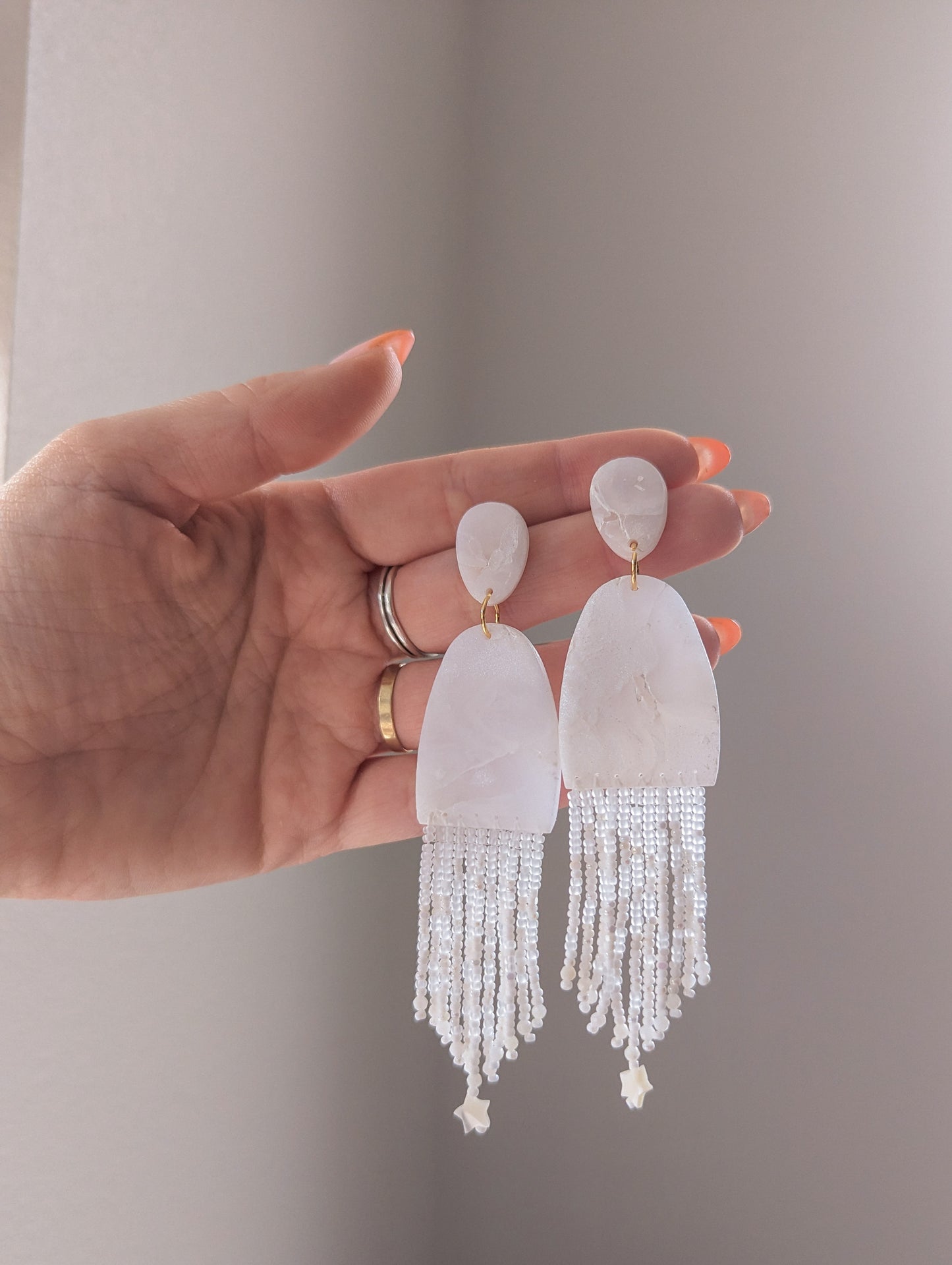 Stone Fringe - Snow Quartz - Mother of Pearl Stars & Faceted Pearls - Glimmer