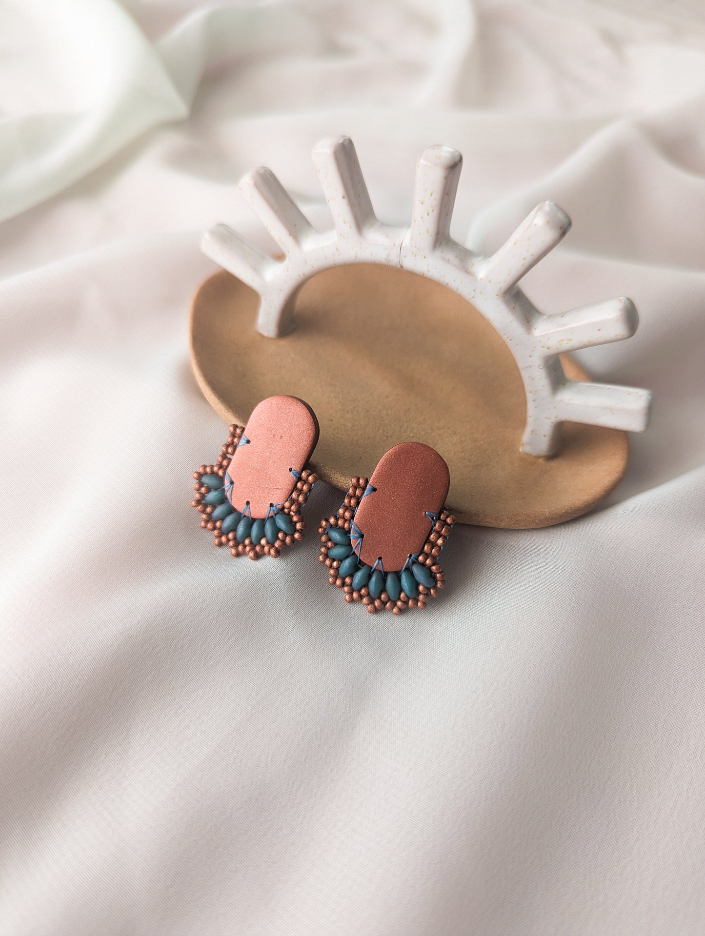 Oval Stud - Bronze & Velvet Denim - One Available