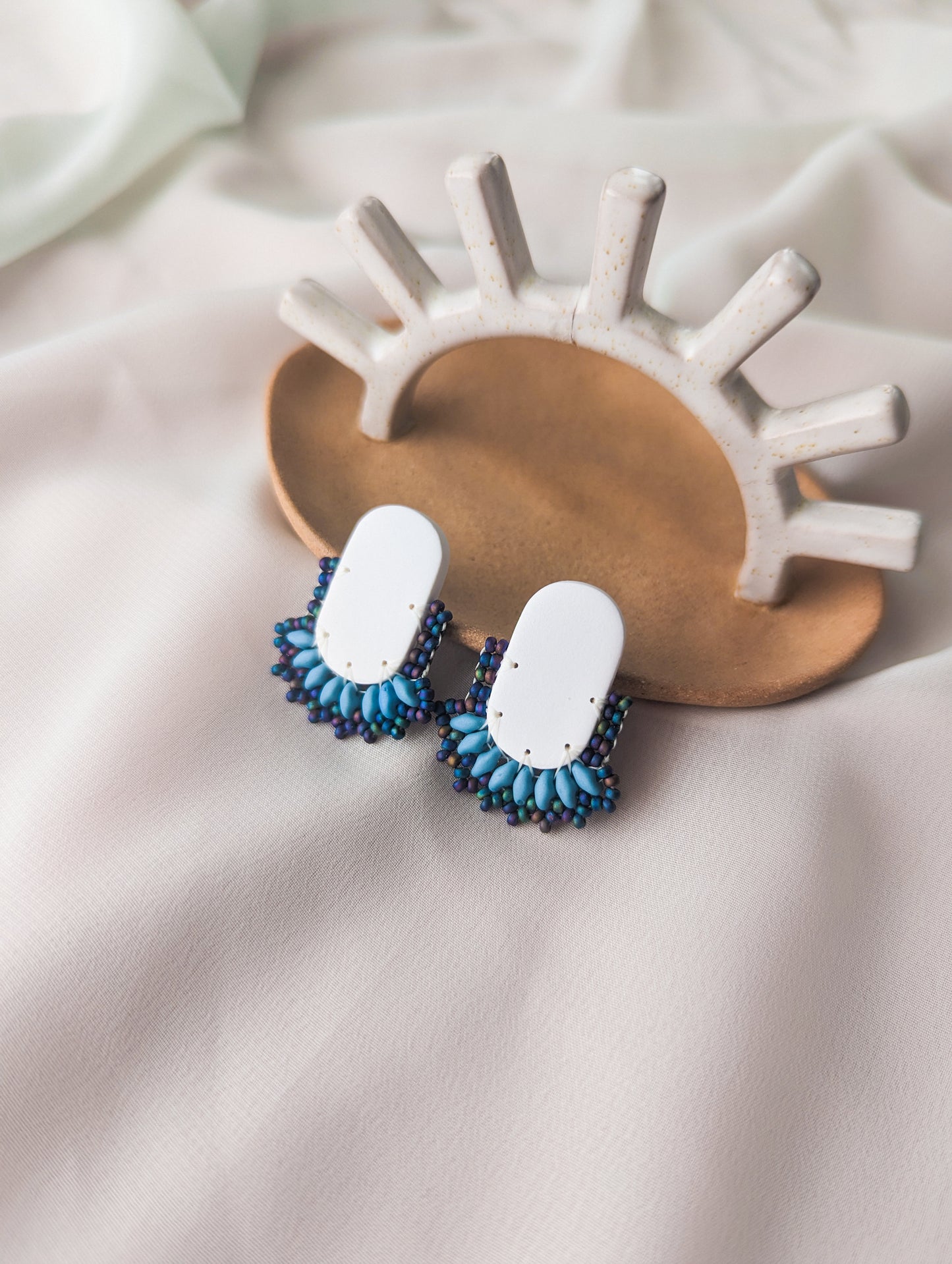 Oval Stud - White & Denim Oil Slick - Made To Order