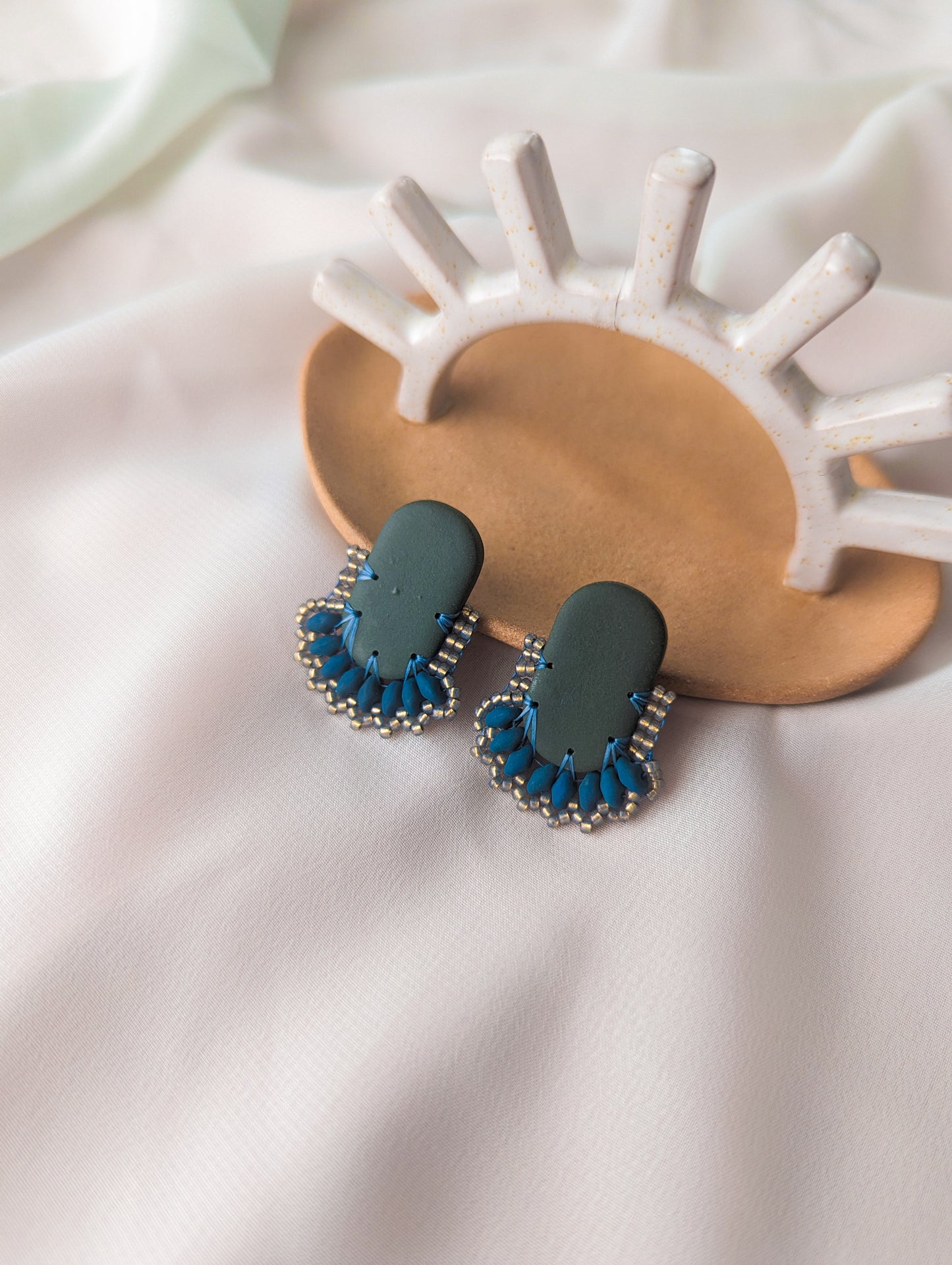 Oval Stud - Spruce & Velvet Denim & Gray - Made To Order