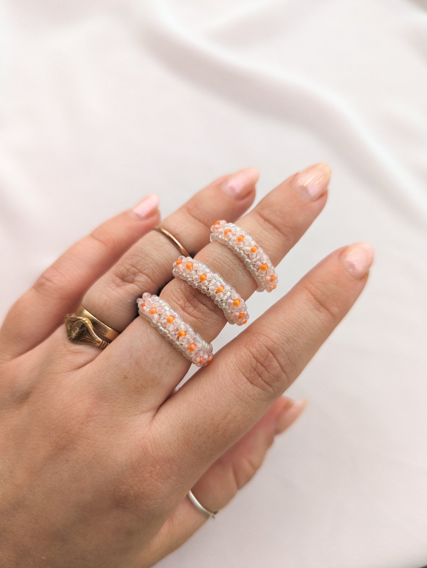 Chunky Ring - 4 Petal Flower - Matte Rainbow Pearl, Pink, Orange - Choose Your Size