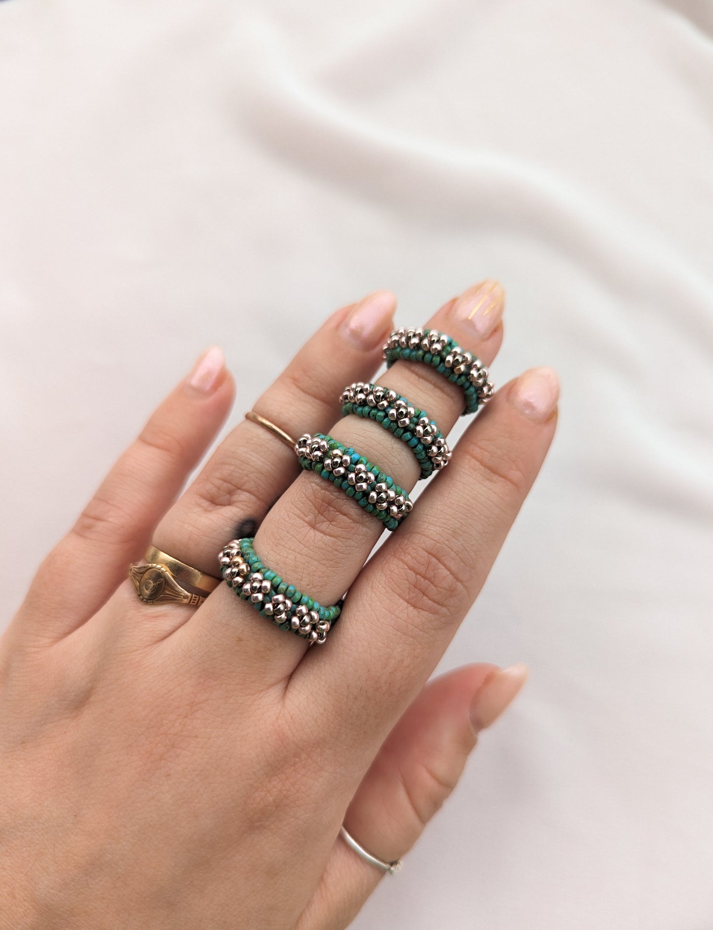 Chunky Ring - 4 Petal Flower - Turquoise Picasso & Metallic Blush - Choose Your Size