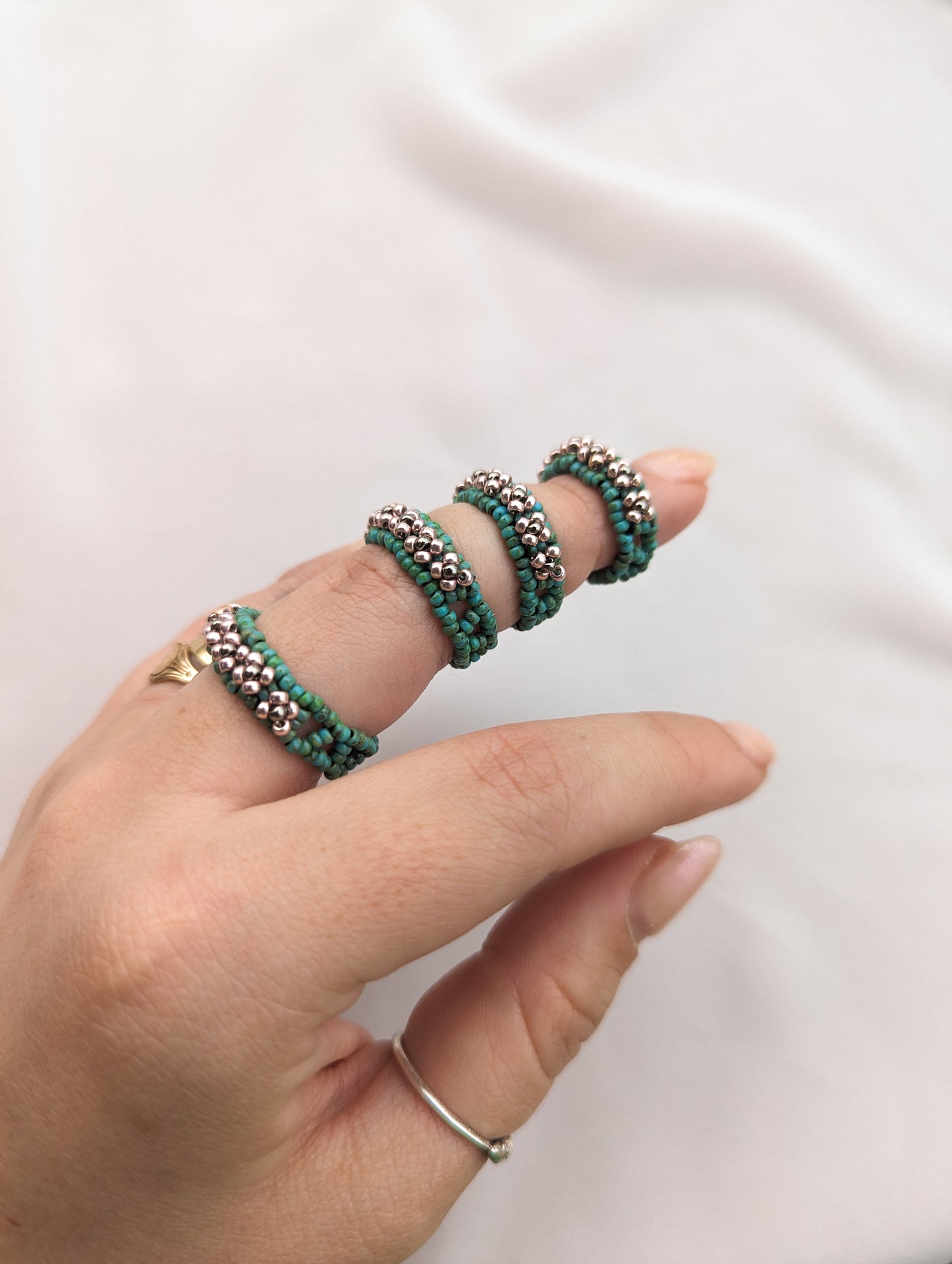 Chunky Ring - 4 Petal Flower - Turquoise Picasso & Metallic Blush - Choose Your Size