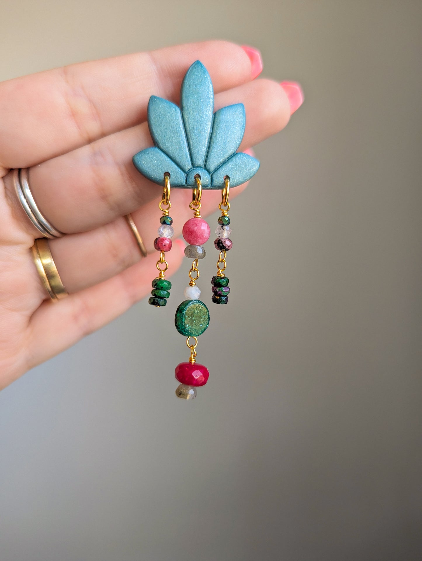Flora Stud - Faceted Tourmaline, Moonstone & Laborite