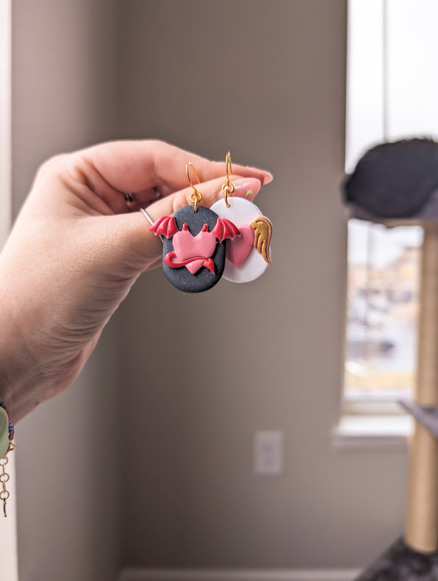 Angel & Devil - Pink Hearts - Hand Painted