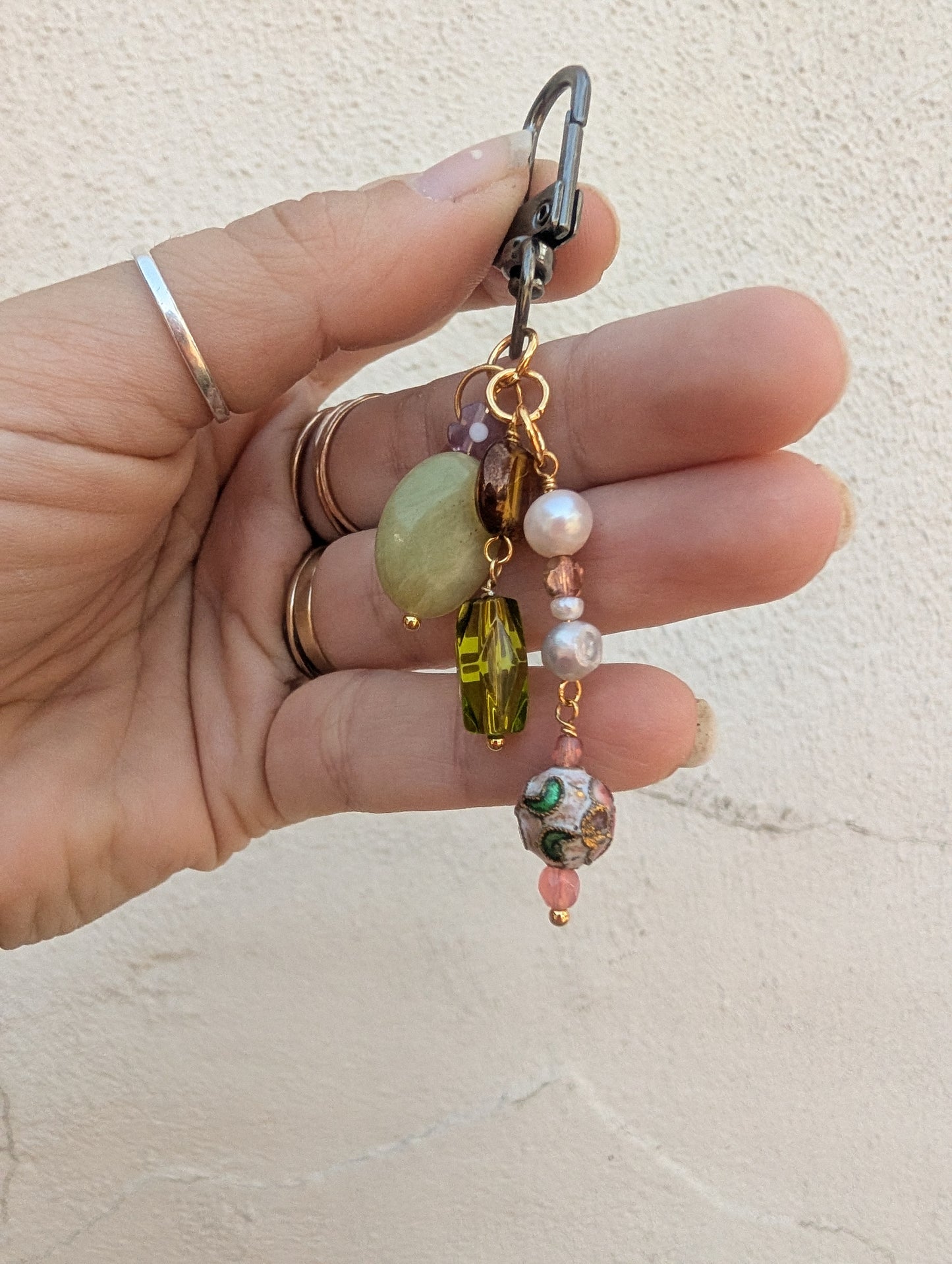 Bag Charm - Peridot - Cloisonné, Pearls, Green Aventurine