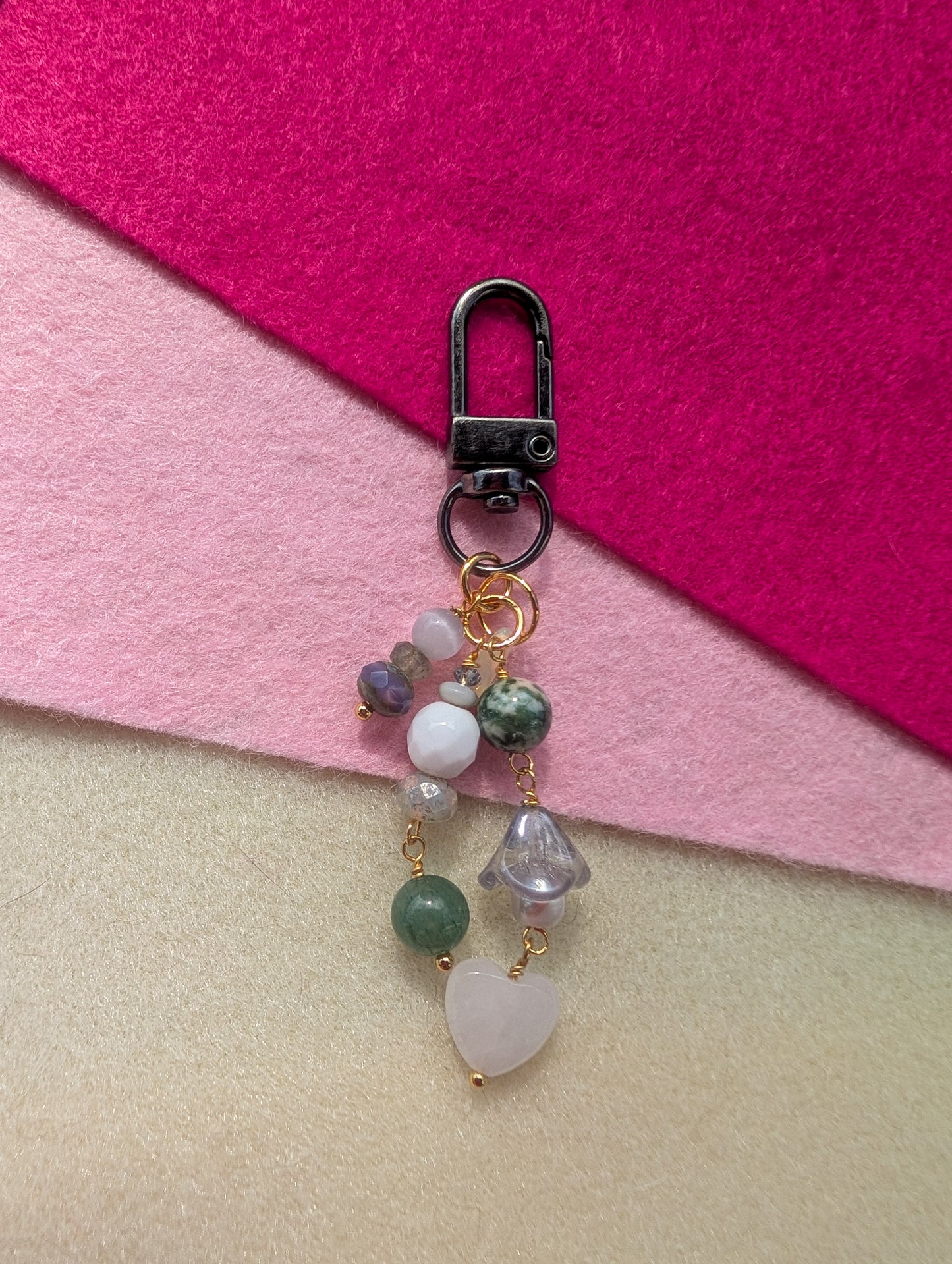 Bag Charm - Mossy - Moss Jasper, Pearl, Rose Quartz Faceted Heart