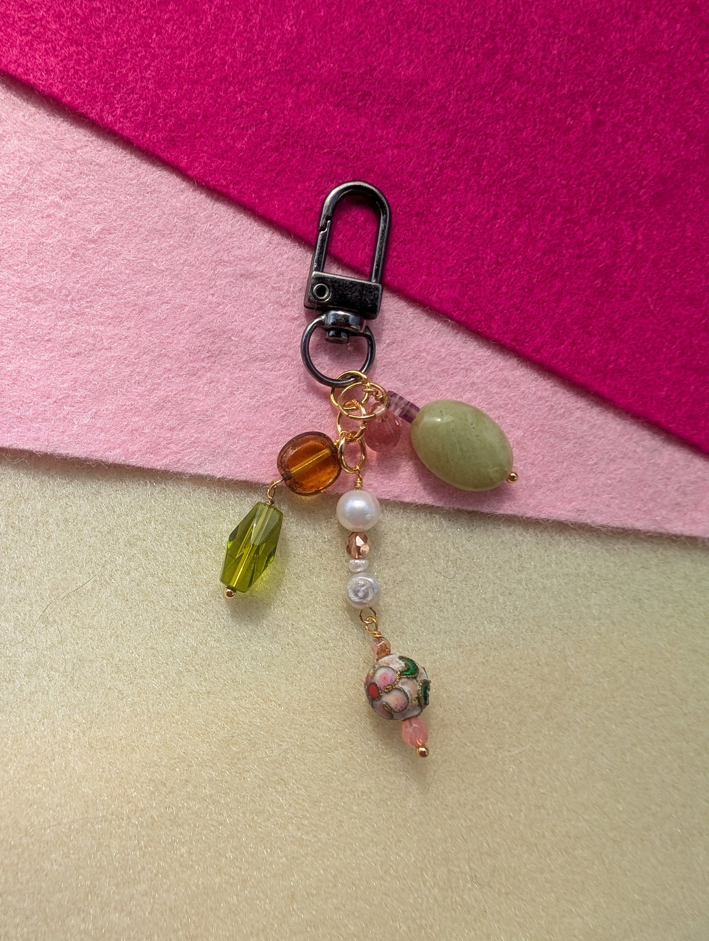Bag Charm - Peridot - Cloisonné, Pearls, Green Aventurine
