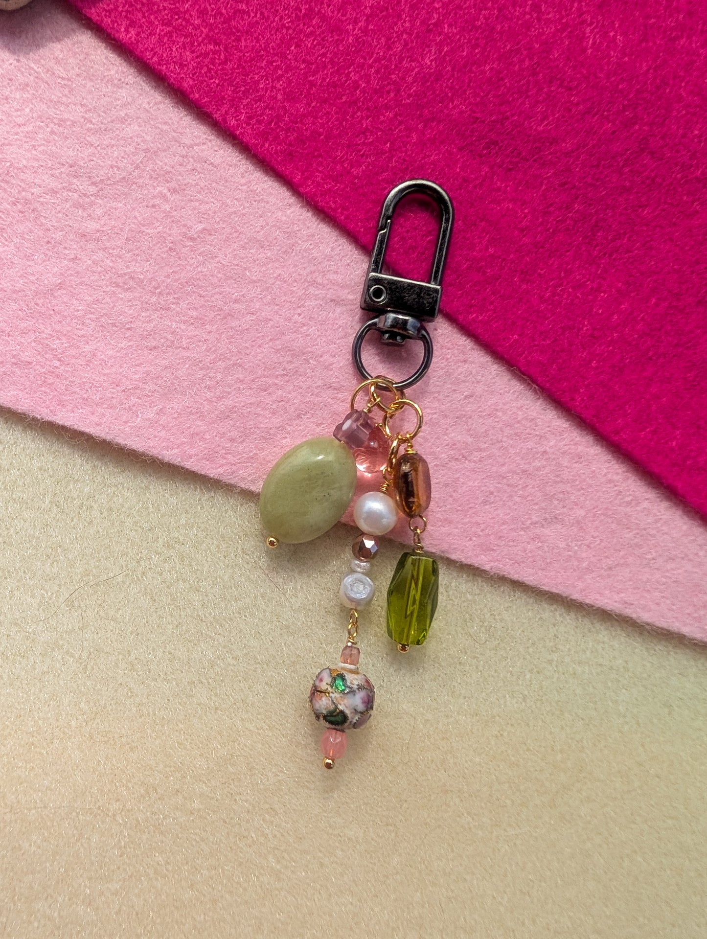 Bag Charm - Peridot - Cloisonné, Pearls, Green Aventurine