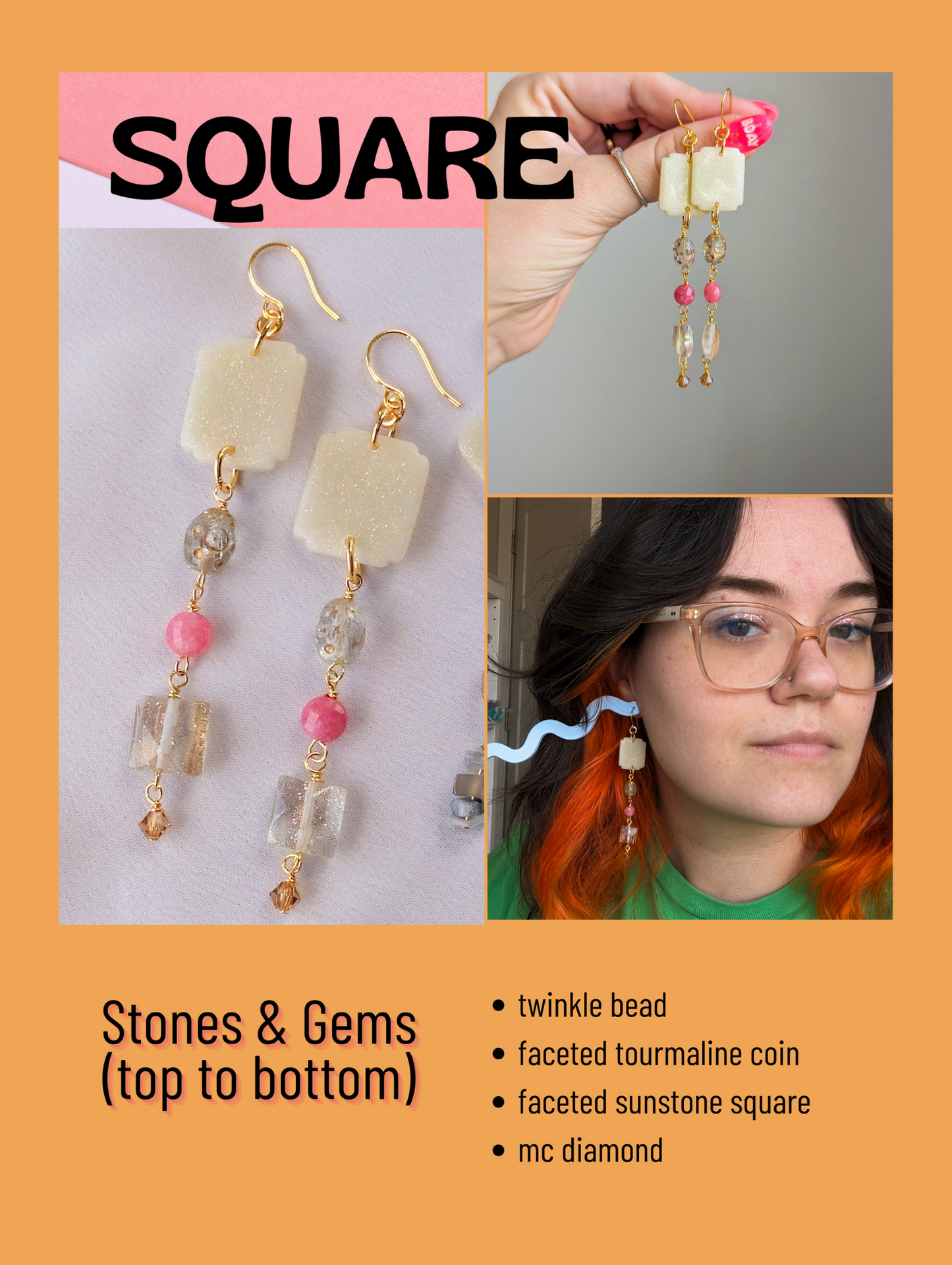 Droplets - Golden - Sunstone, Tourmaline, Smokey Quartz Energy Prism, Twinkle Beads - Buffed