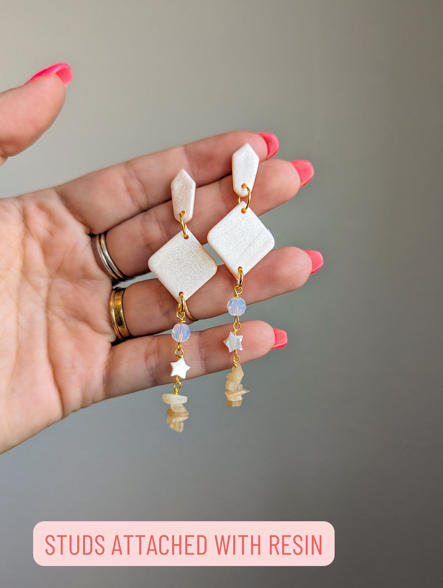 Diamond Drop - Pink Pearl - Moonstone, Shell Star & Milky Crystal - Buffed