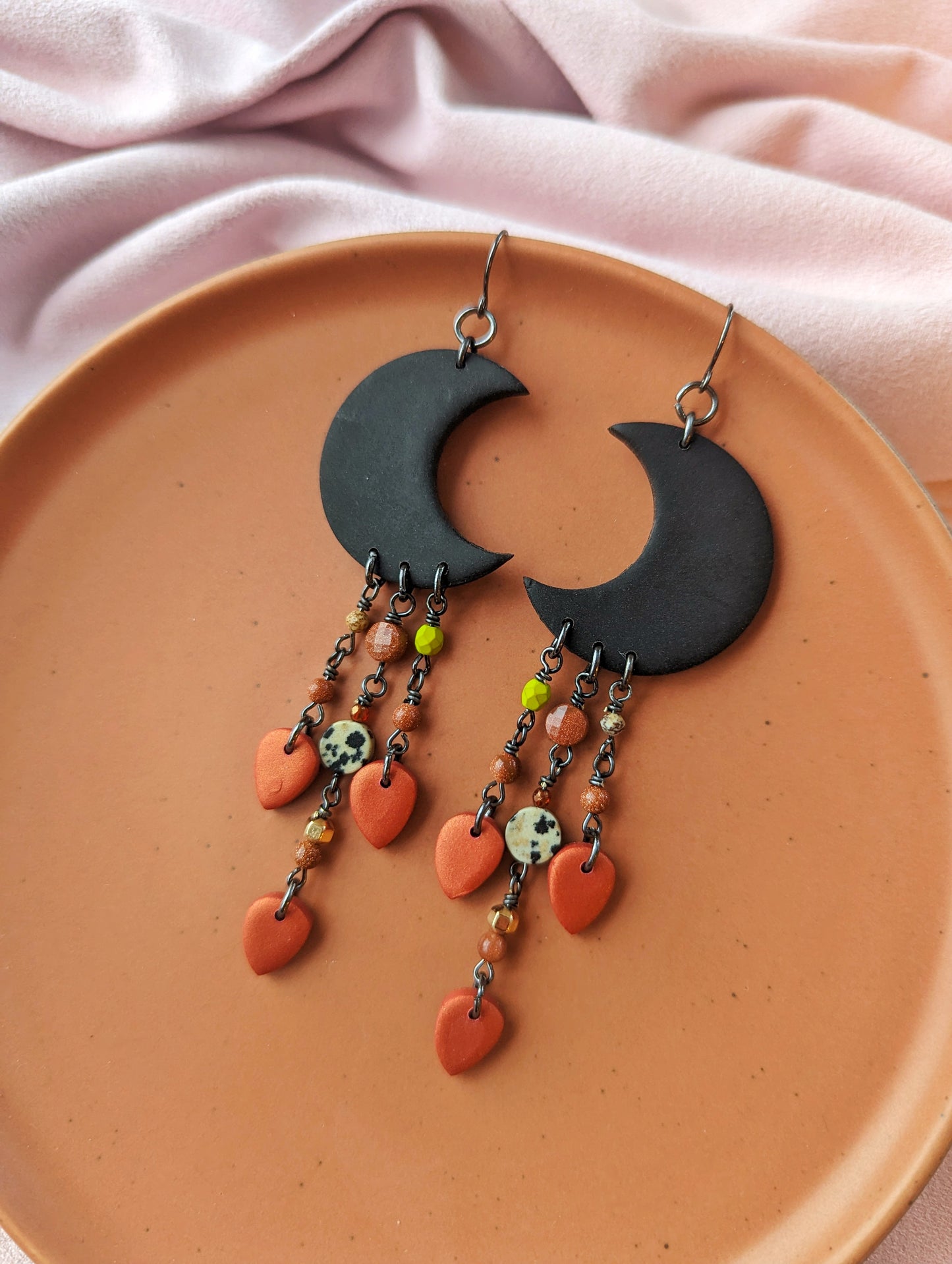 Moon Drop - Goldstone, Dalmation Jasper, Paintbrush Jasper, Fire Polish Crystal, Swarovski
