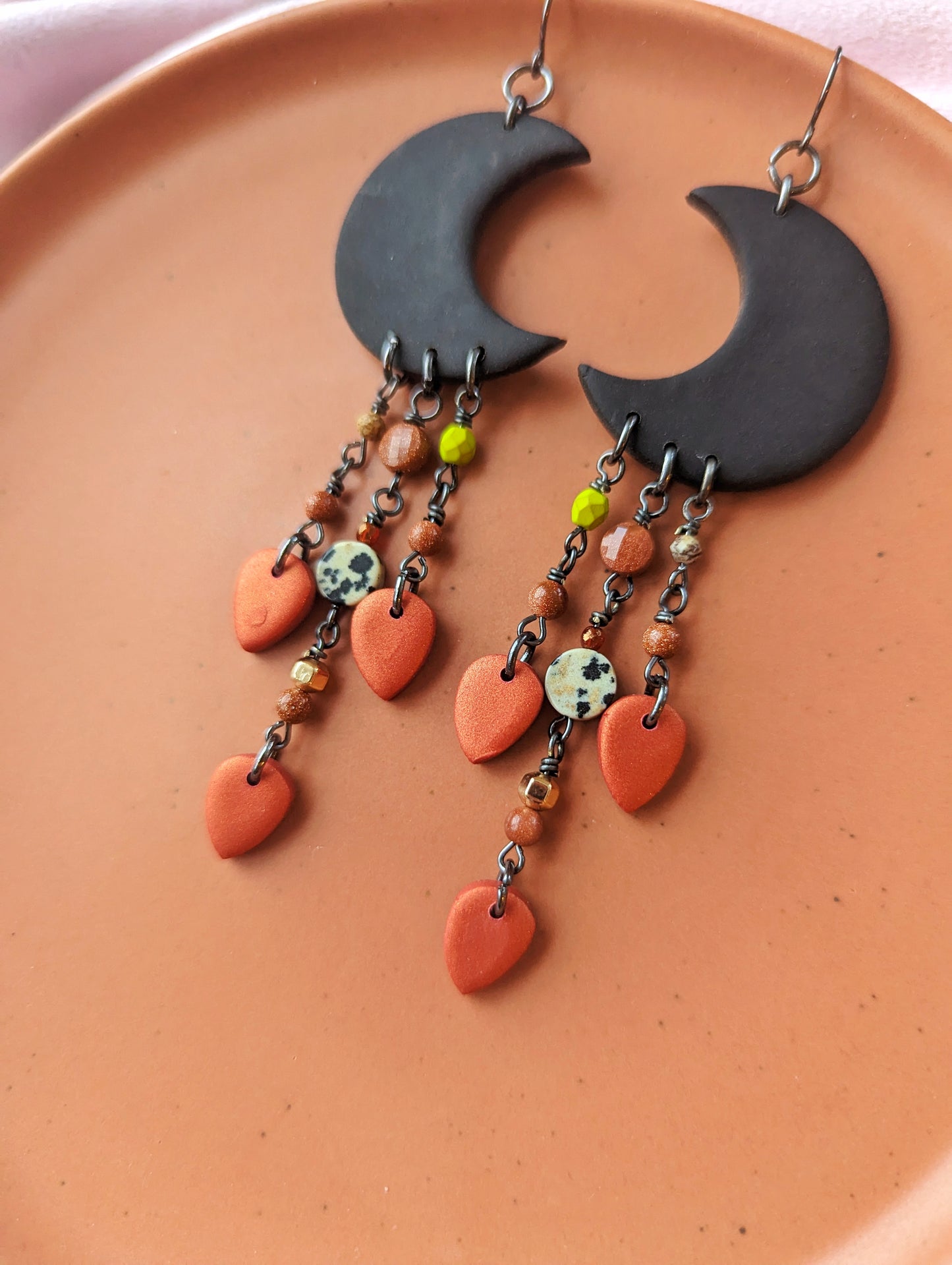 Moon Drop - Goldstone, Dalmation Jasper, Paintbrush Jasper, Fire Polish Crystal, Swarovski