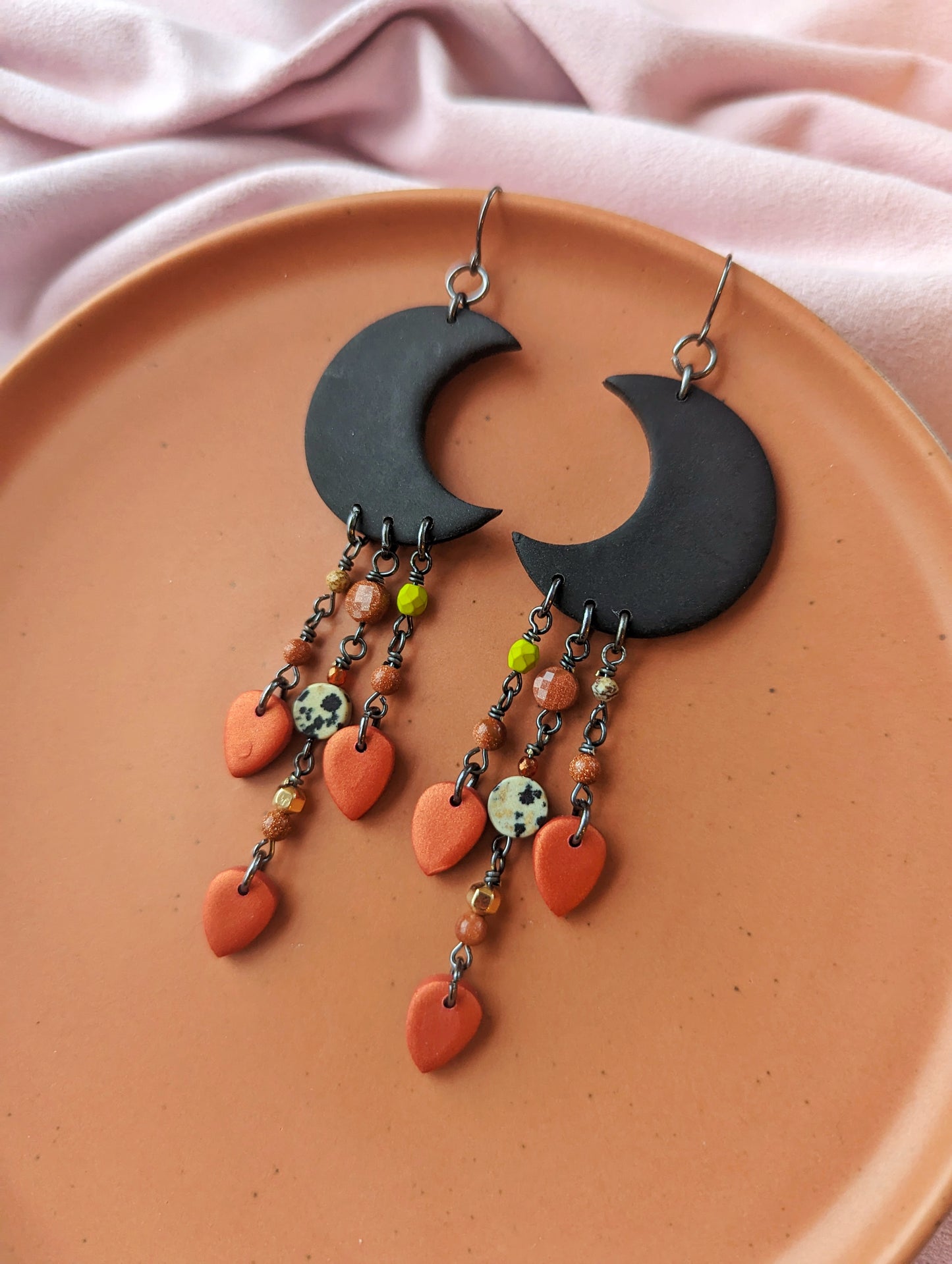 Moon Drop - Goldstone, Dalmation Jasper, Paintbrush Jasper, Fire Polish Crystal, Swarovski