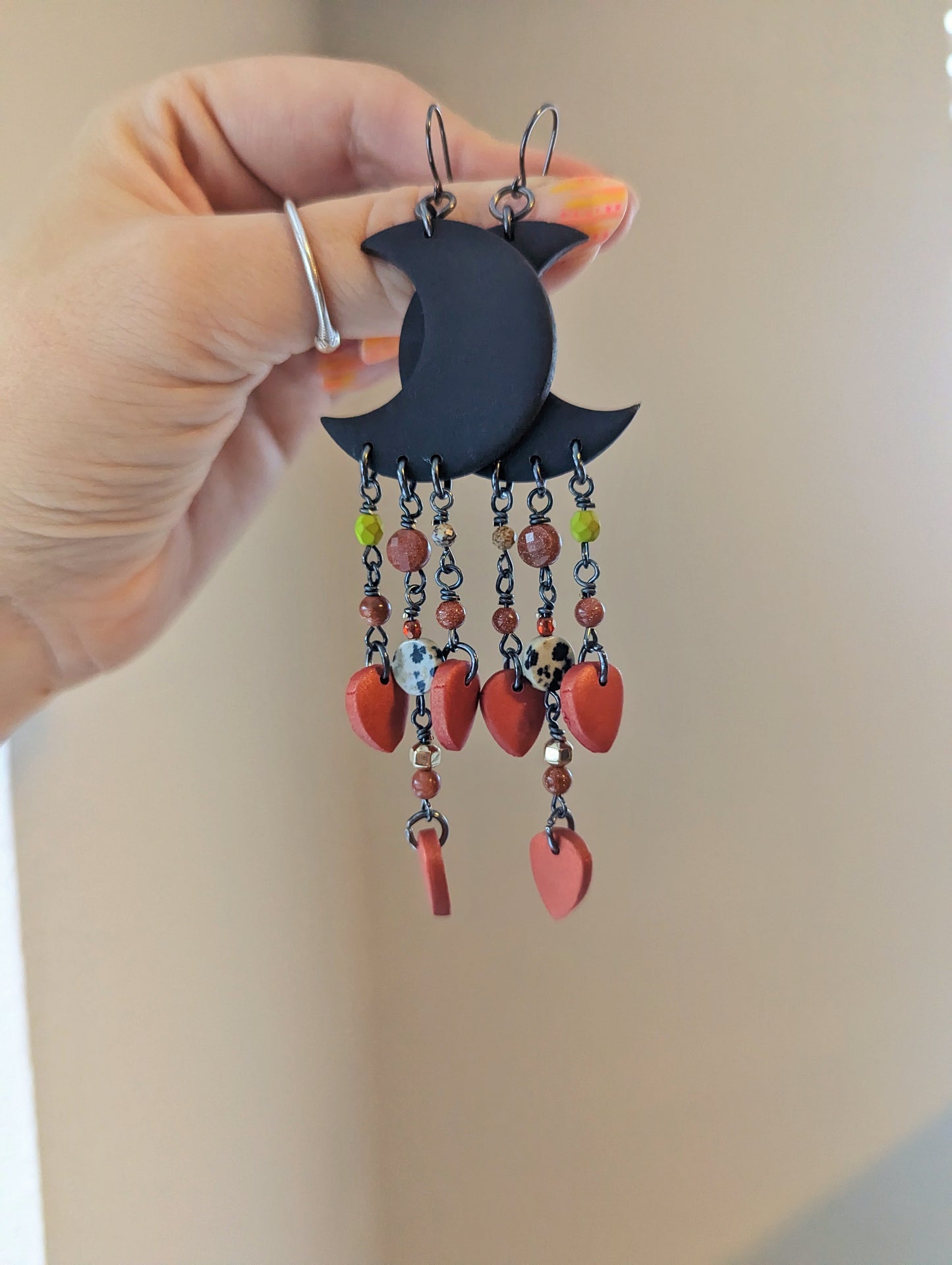 Moon Drop - Goldstone, Dalmation Jasper, Paintbrush Jasper, Fire Polish Crystal, Swarovski