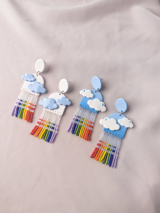 Rainbow Puffy Cloud Fringe - White & Sky Blue - Glossy