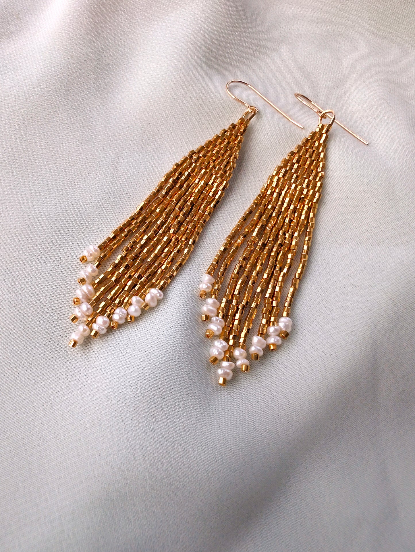 Liquid Gold - Freshwater Pearls, 14k Gold Fill Hook & 24k Gold Plated Hex-cut Beads