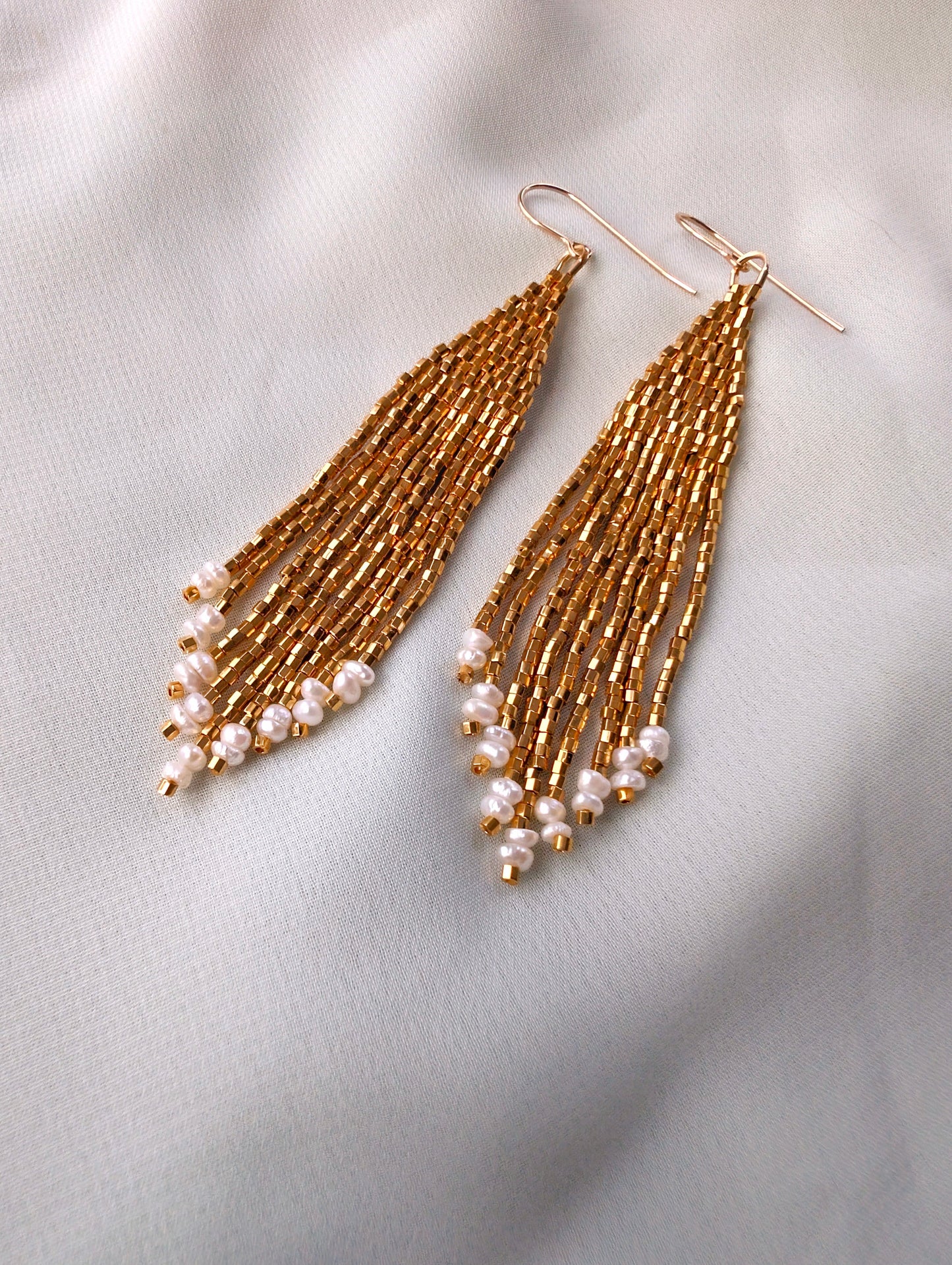 RESERVED Liquid Gold - Freshwater Pearls, 14k Gold Fill Hook & 24k Gold Plated Hex-cut Beads