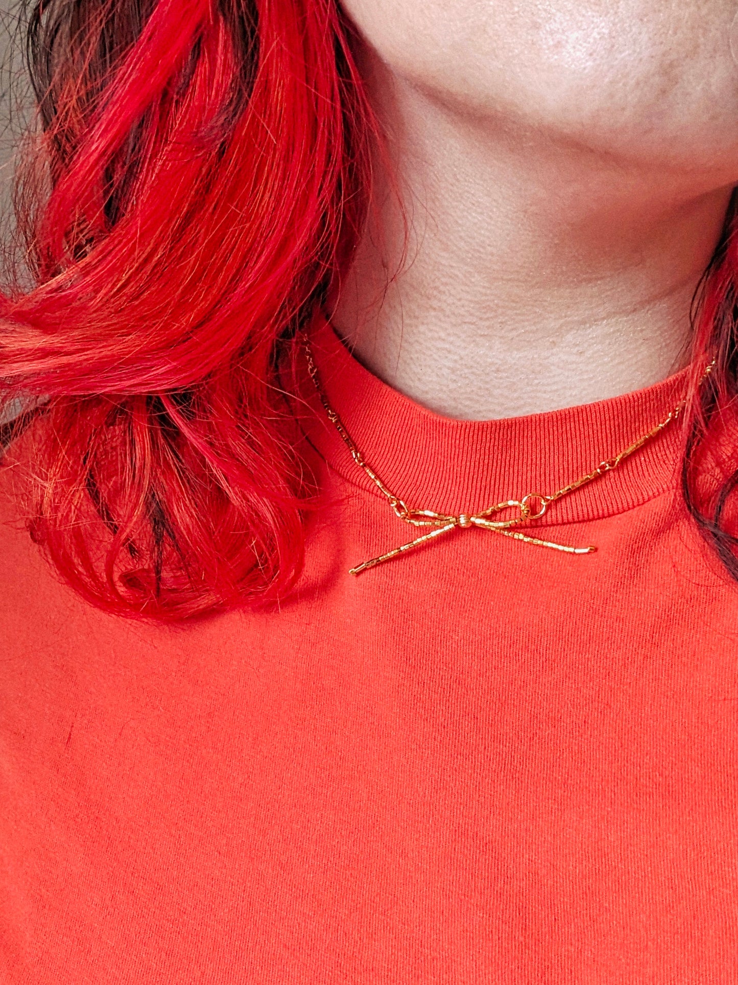 Liquid Gold - Single Bow 15 inch Choker Necklace - 24k Gold Plated Hex-cut Beads