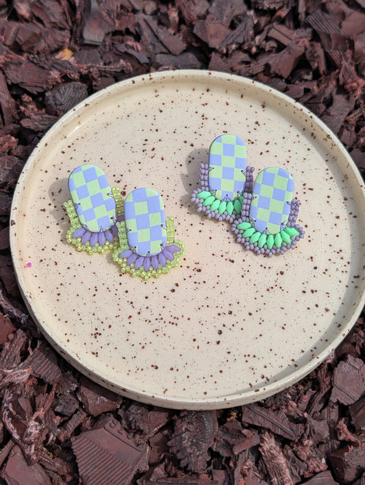 Oval Stud - Lilac & Soft Lime Checker