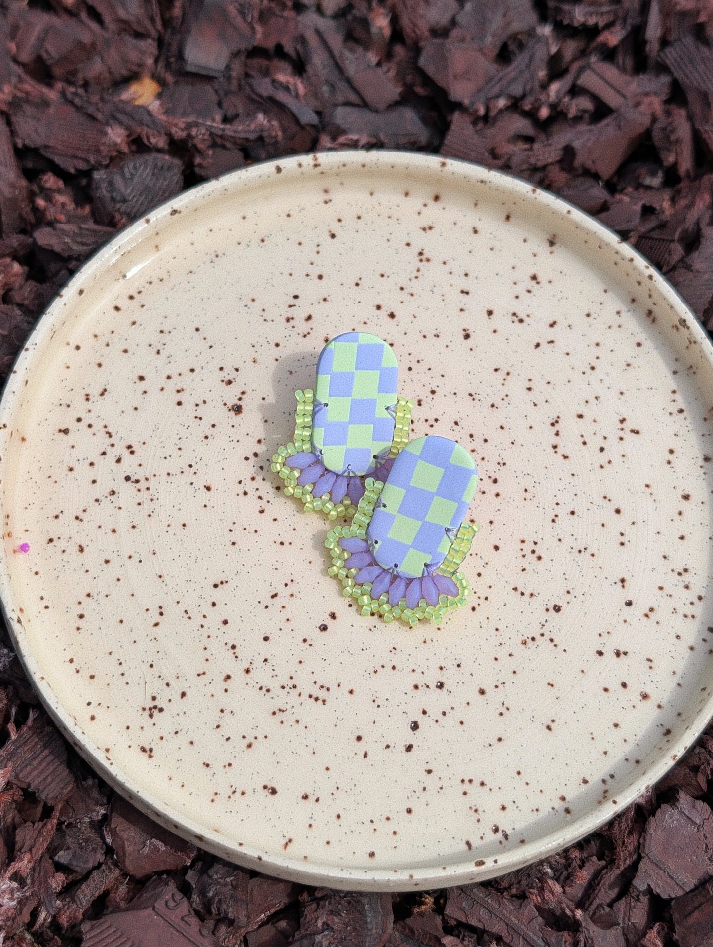 Oval Stud - Lilac & Soft Lime Checker