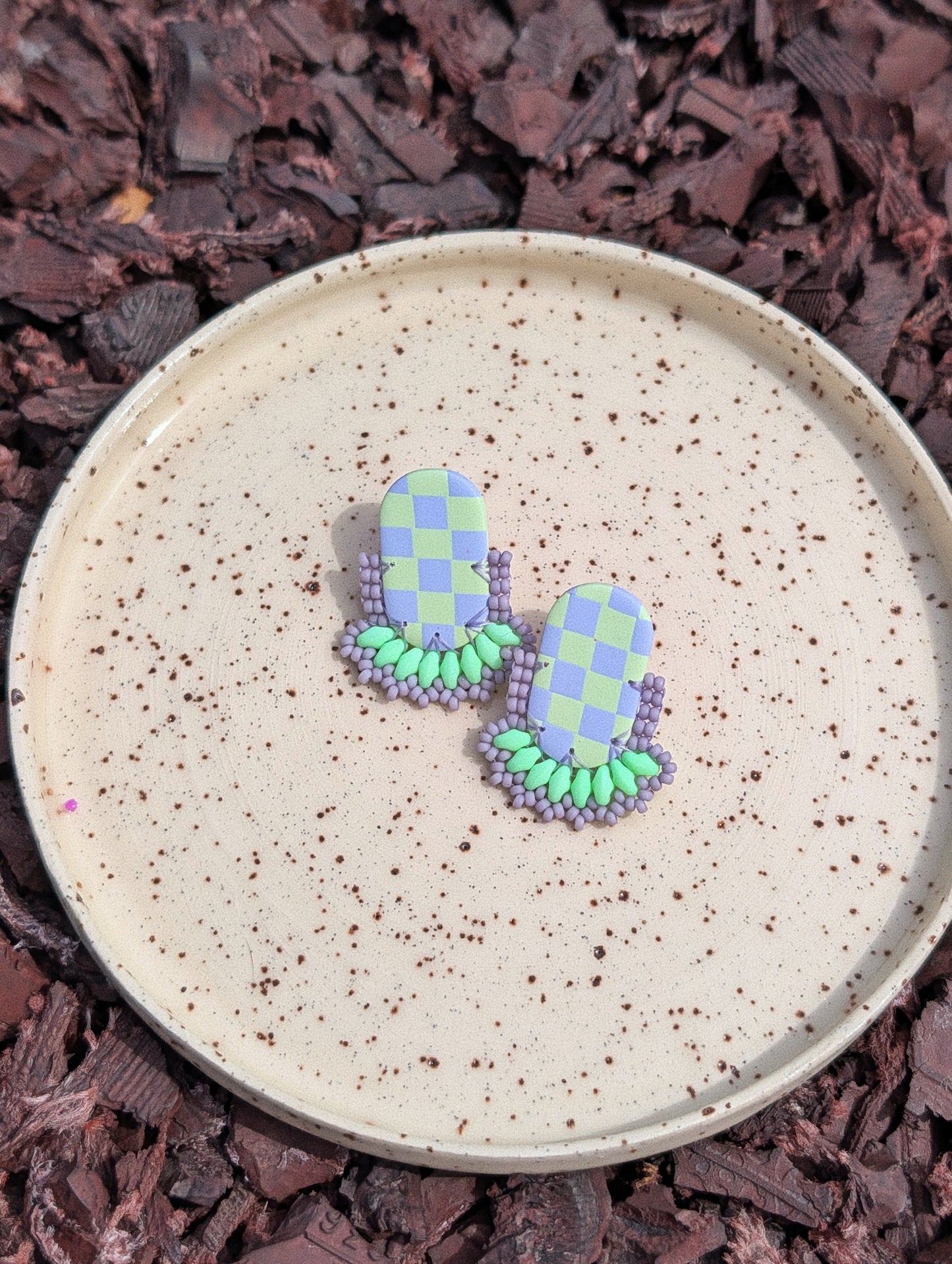 Oval Stud - Lilac & Soft Lime Checker