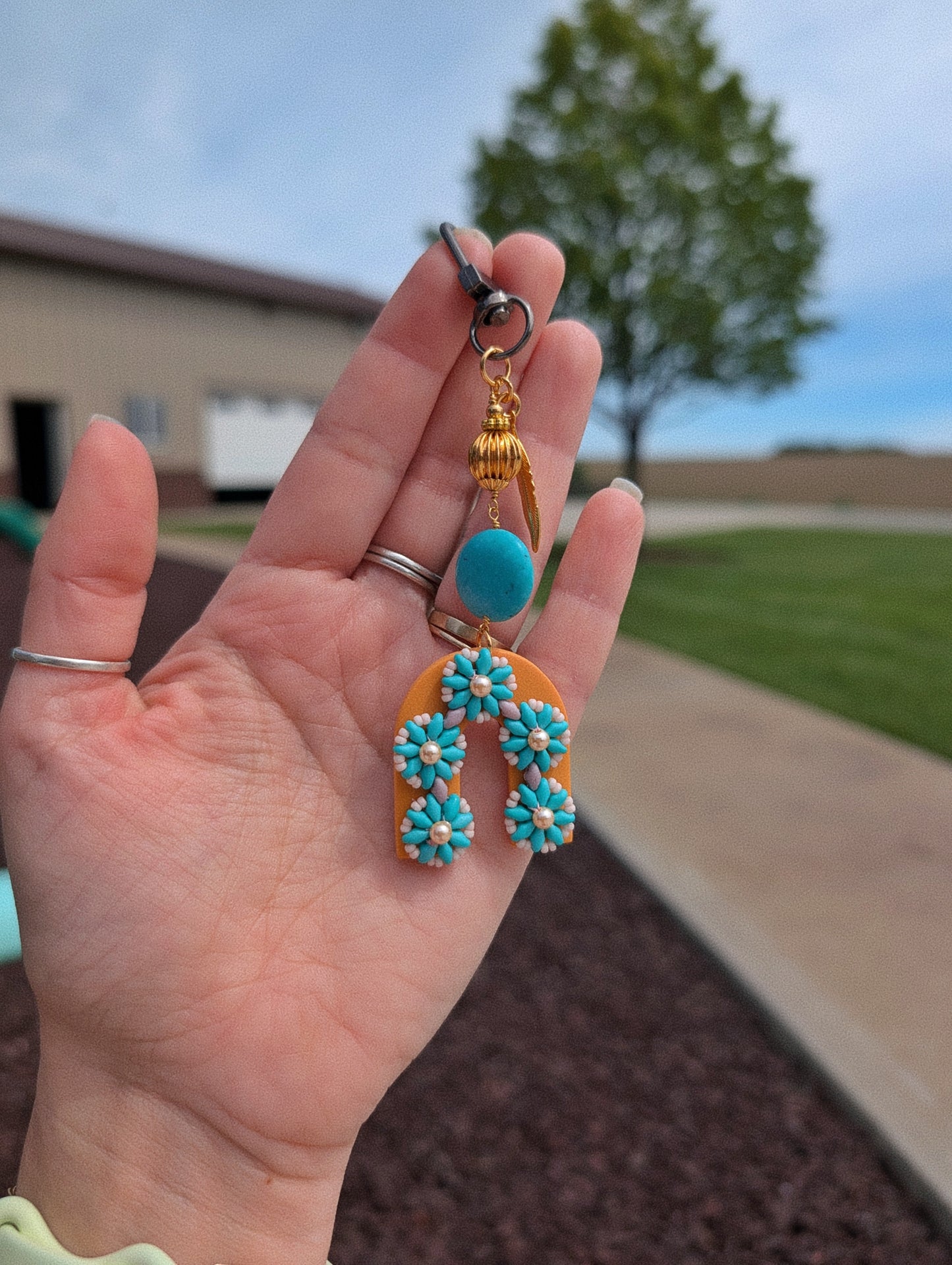 Bag Charm - Turquoise Beaded Flowers