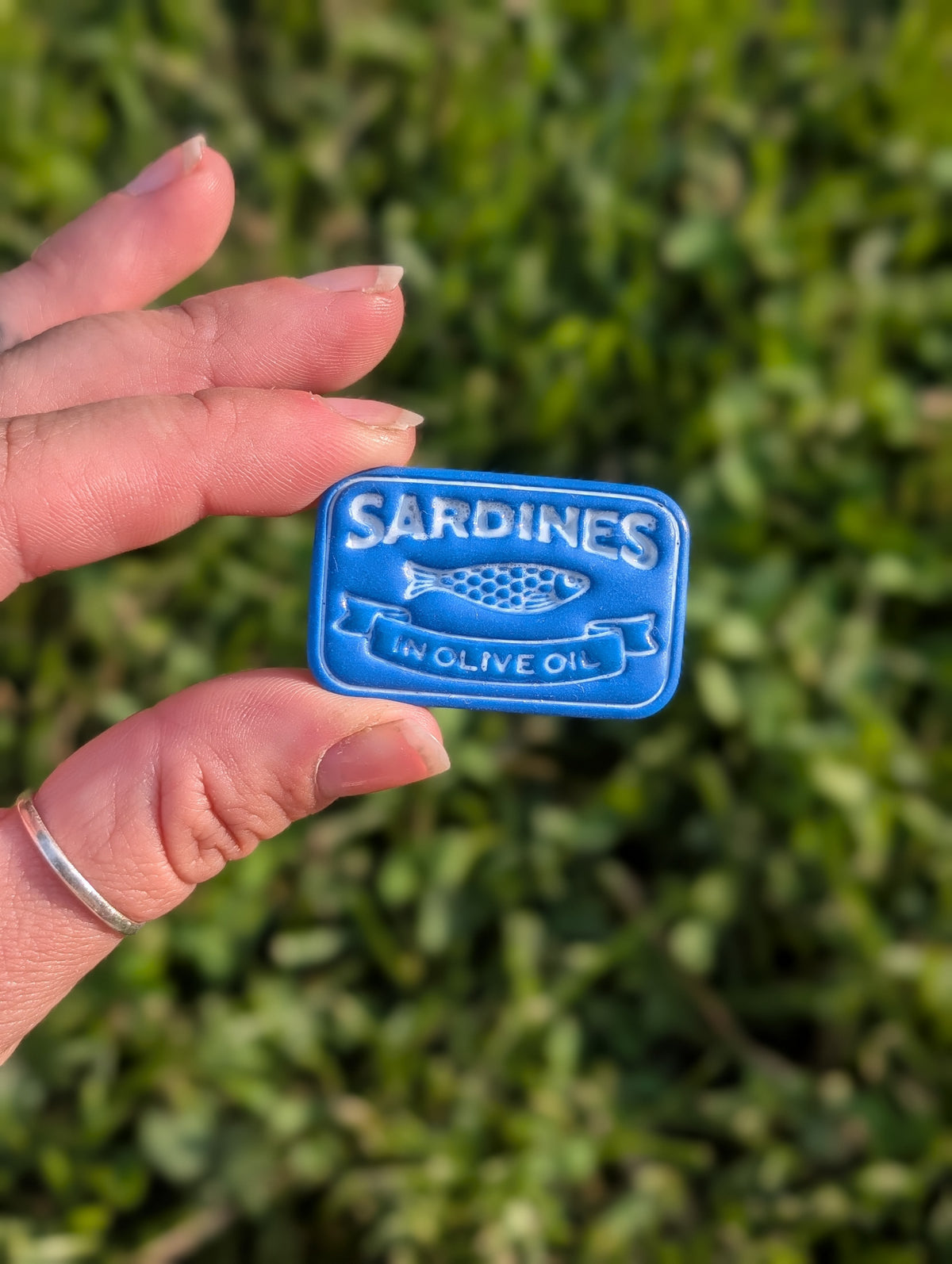 A hand holding a small blue rectangular tin with embossed white text reading 'SARDINES IN OLIVE OIL' against a blurred green outdoor background.