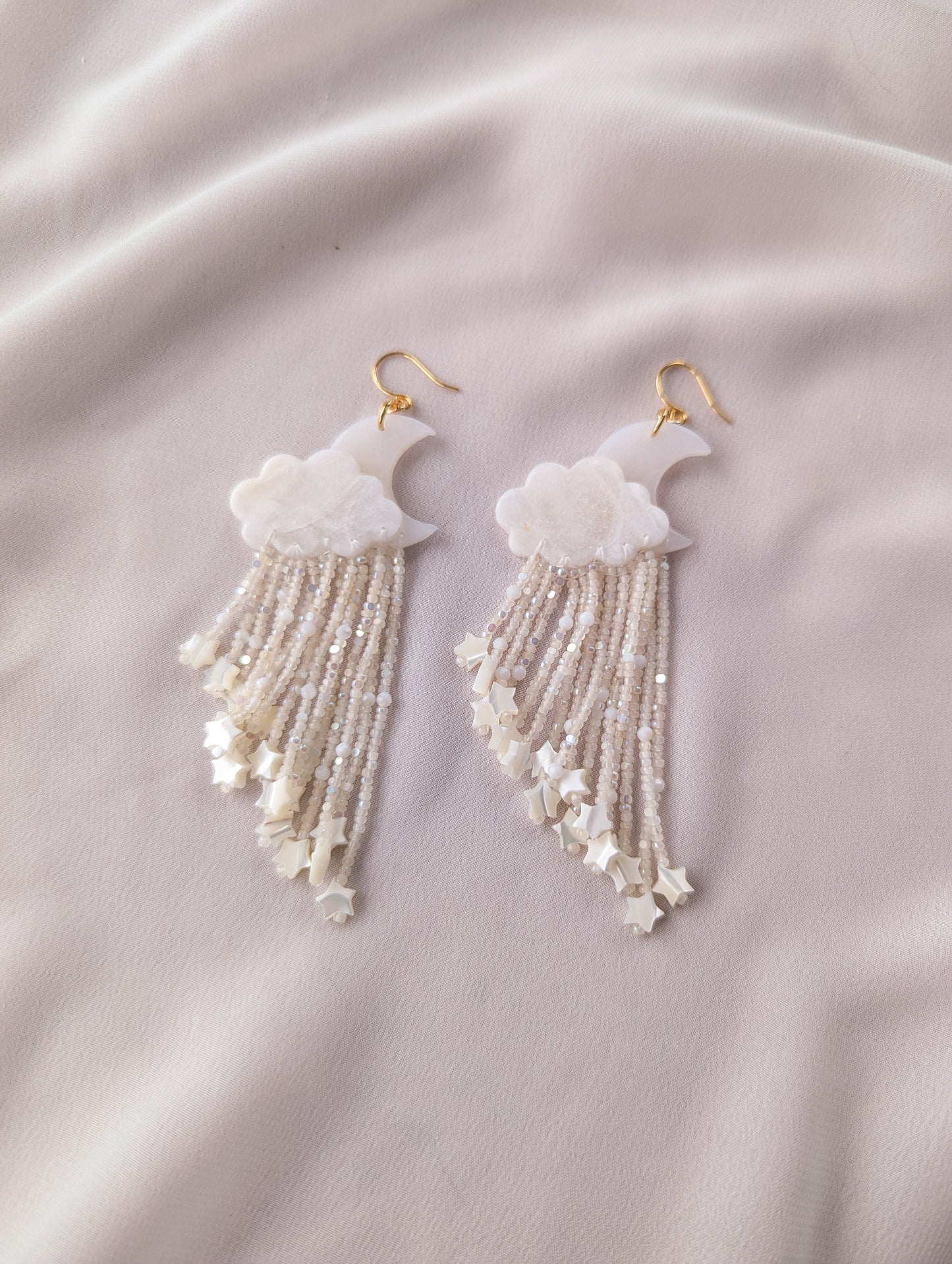 Moon Fringe - Midi - Snow Quartz - Mother of Pearl Stars & Faceted Pearls - Buffed - Glimmer
