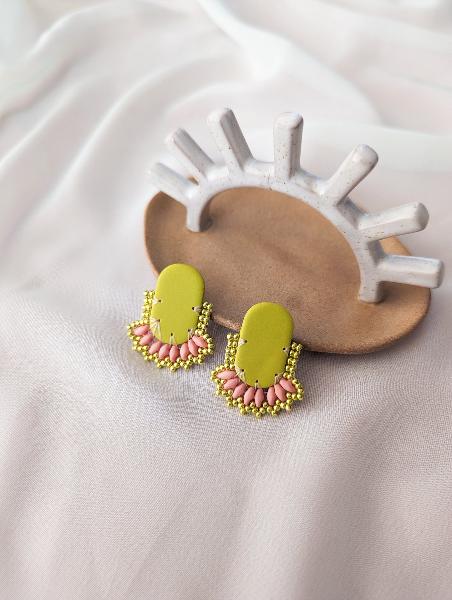 Oval Stud - Lime Metallic & Peach - Made to Order