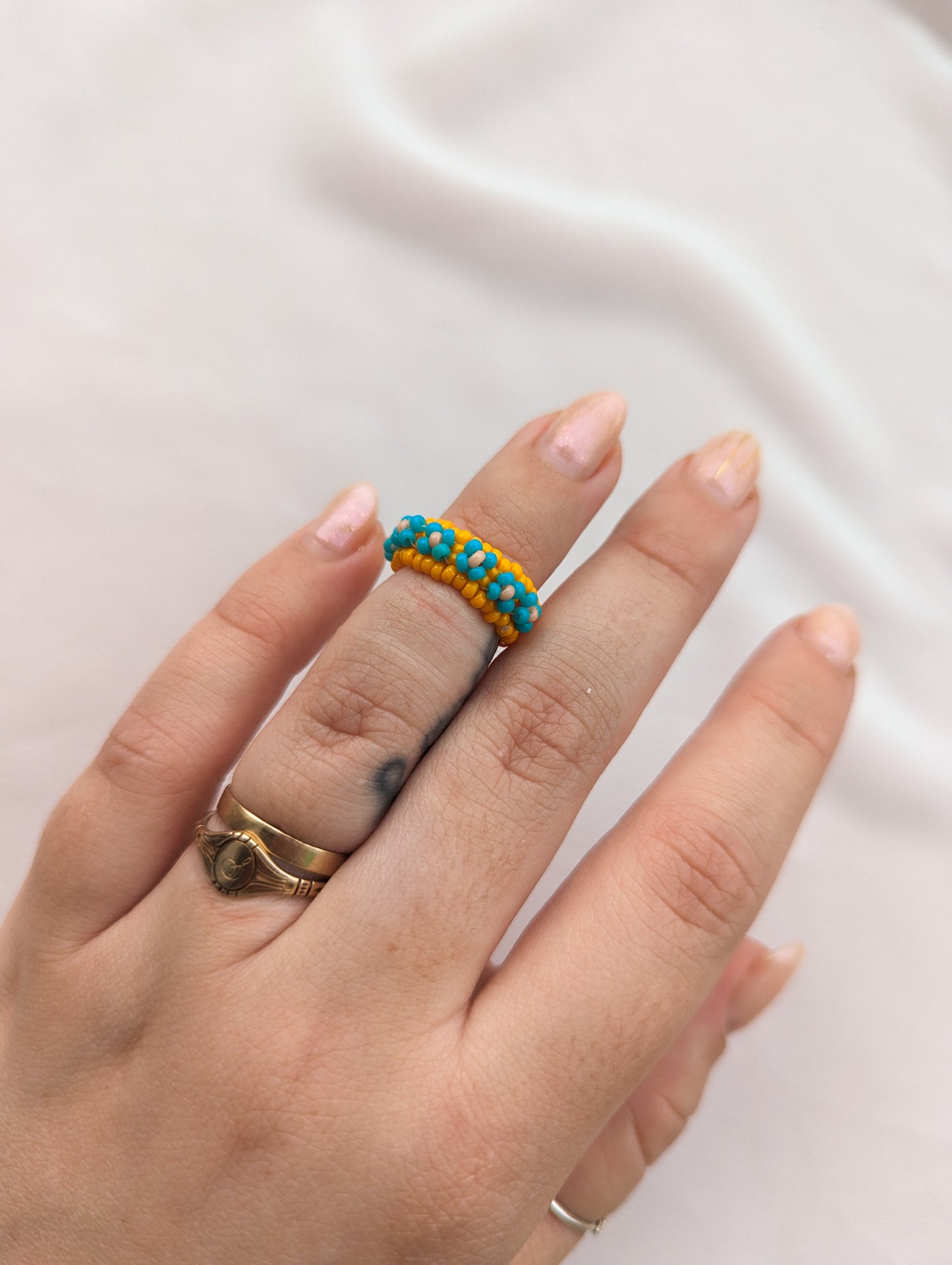 Chunky Ring - 4 Petal Flower - Mango & Teal - Choose Your Size