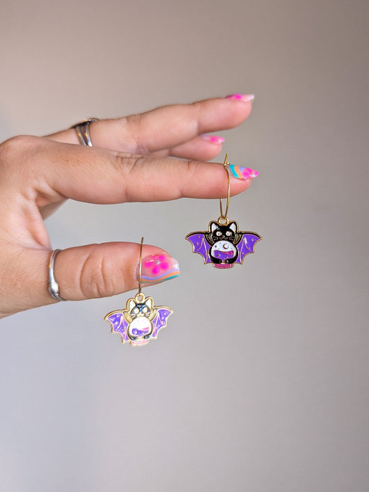 Fortune Cat Bats - Choose Hooks or Hoops - Spoopy