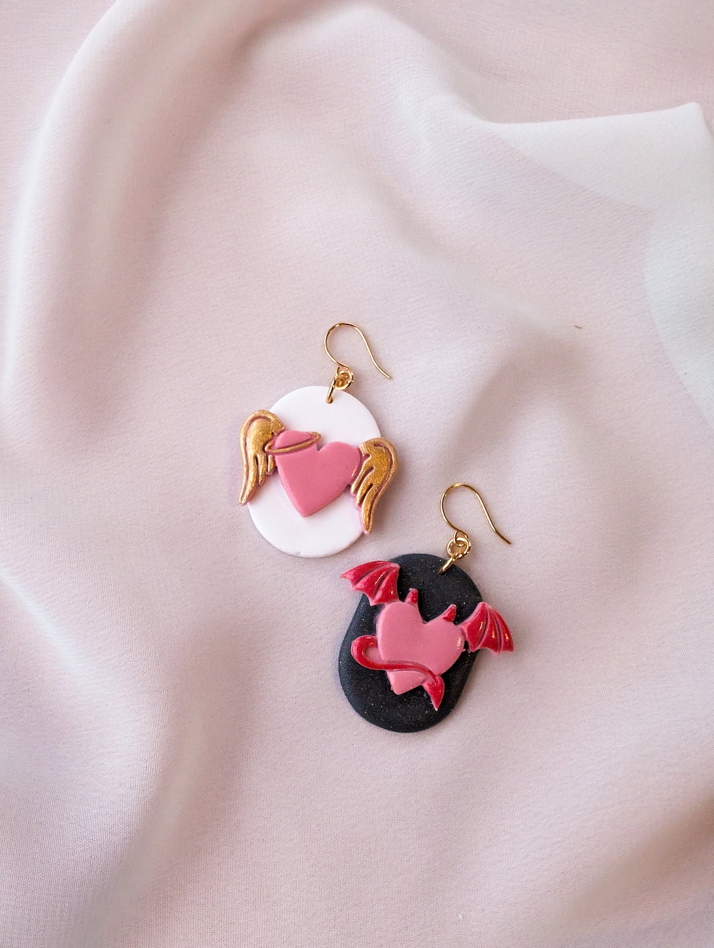 Angel & Devil - Pink Hearts - Hand Painted