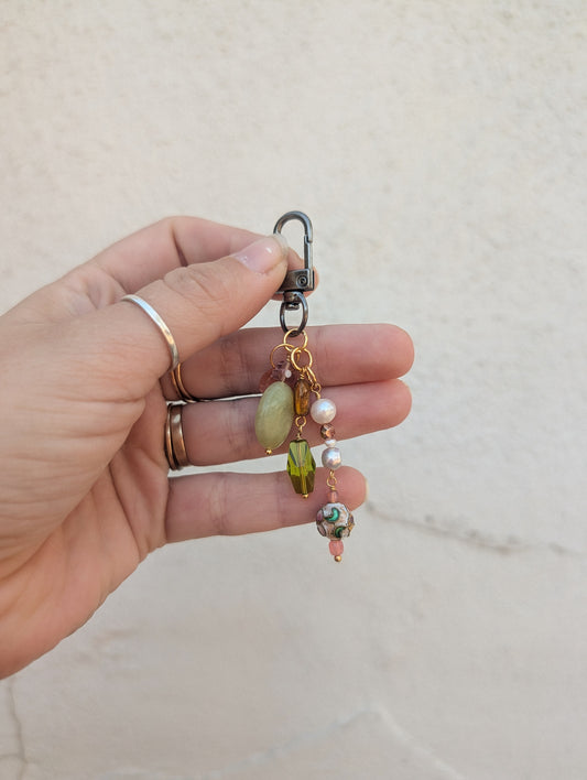 Bag Charm - Peridot - Cloisonné, Pearls, Green Aventurine