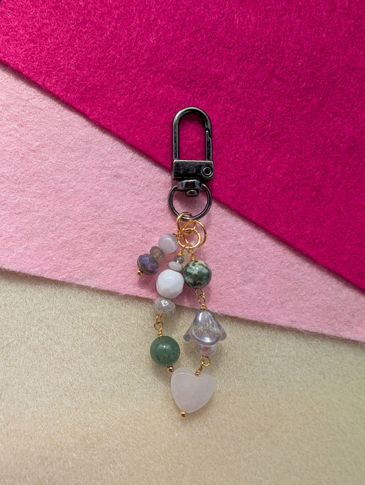 Bag Charm - Mossy - Moss Jasper, Pearl, Rose Quartz Faceted Heart