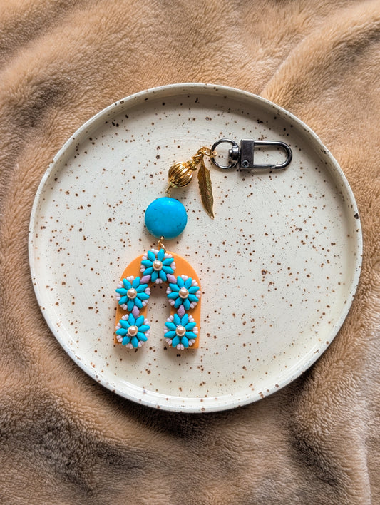 Bag Charm - Turquoise Beaded Flowers