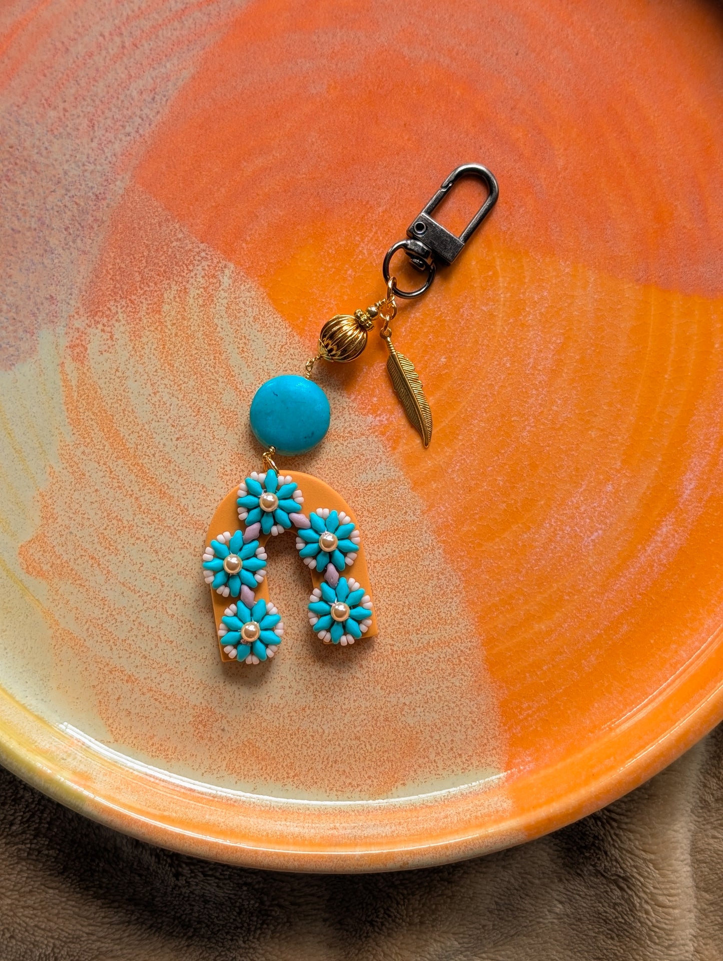 Bag Charm - Turquoise Beaded Flowers