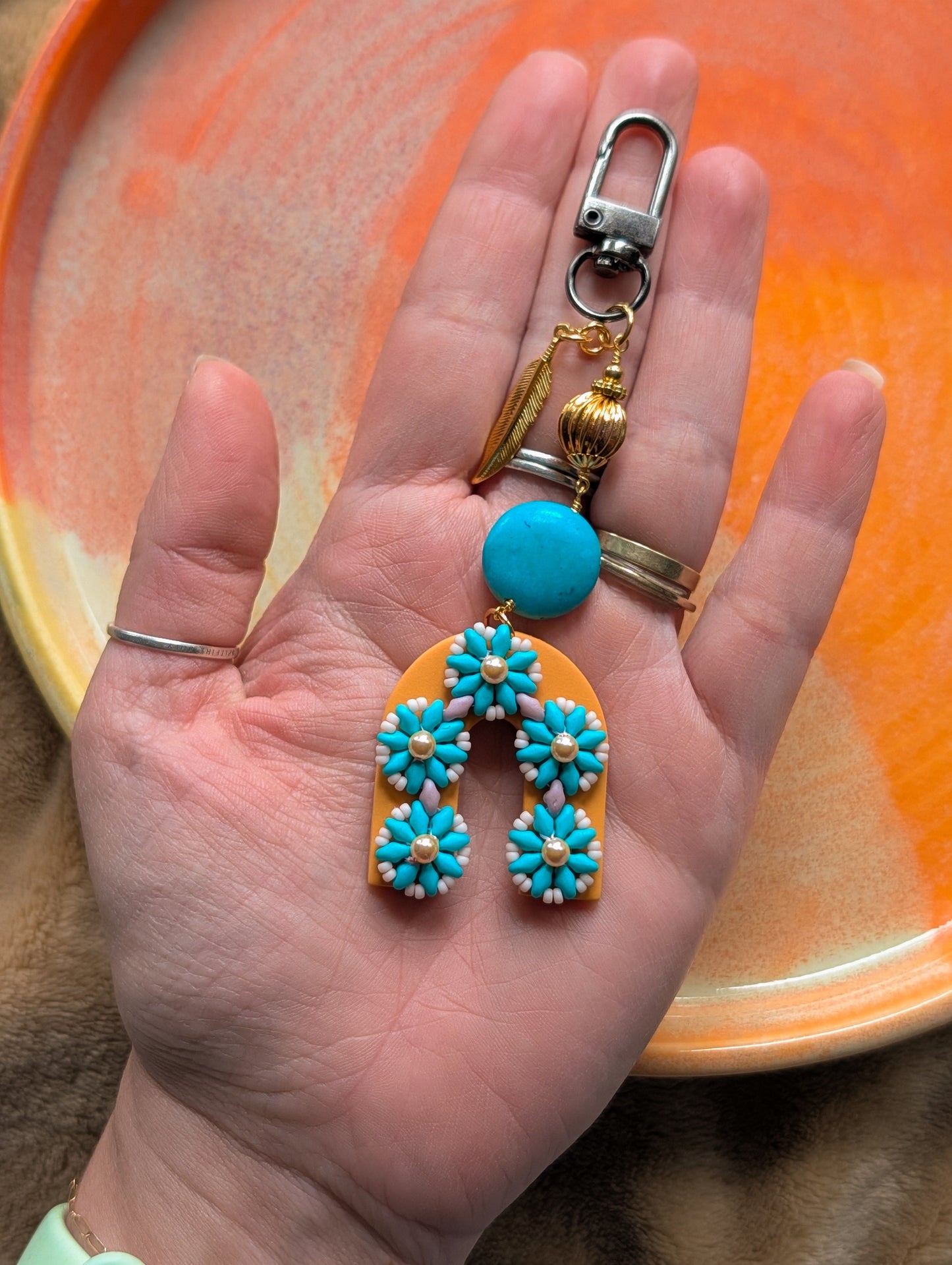 Bag Charm - Turquoise Beaded Flowers