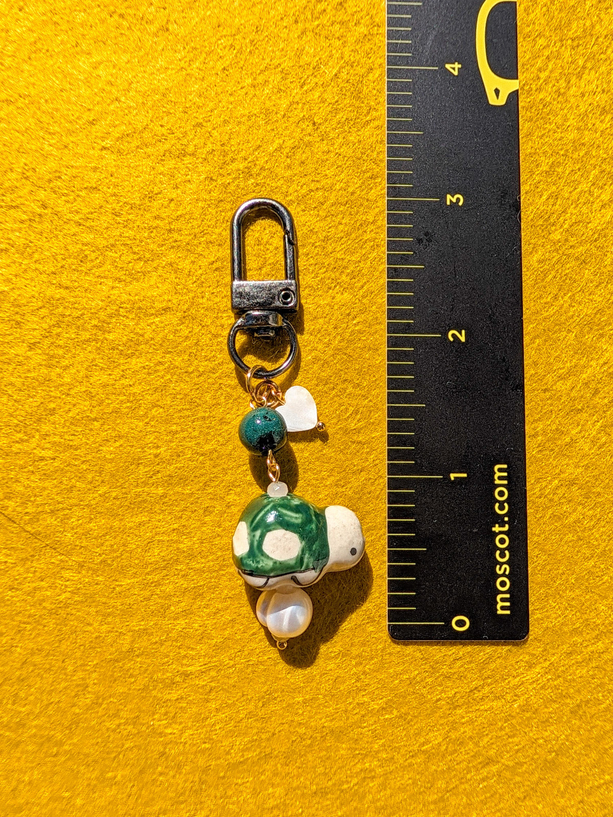 Bag Charm - Ceramic Turtle - Freshwater Pearl, Moss Agate, Shell Heart