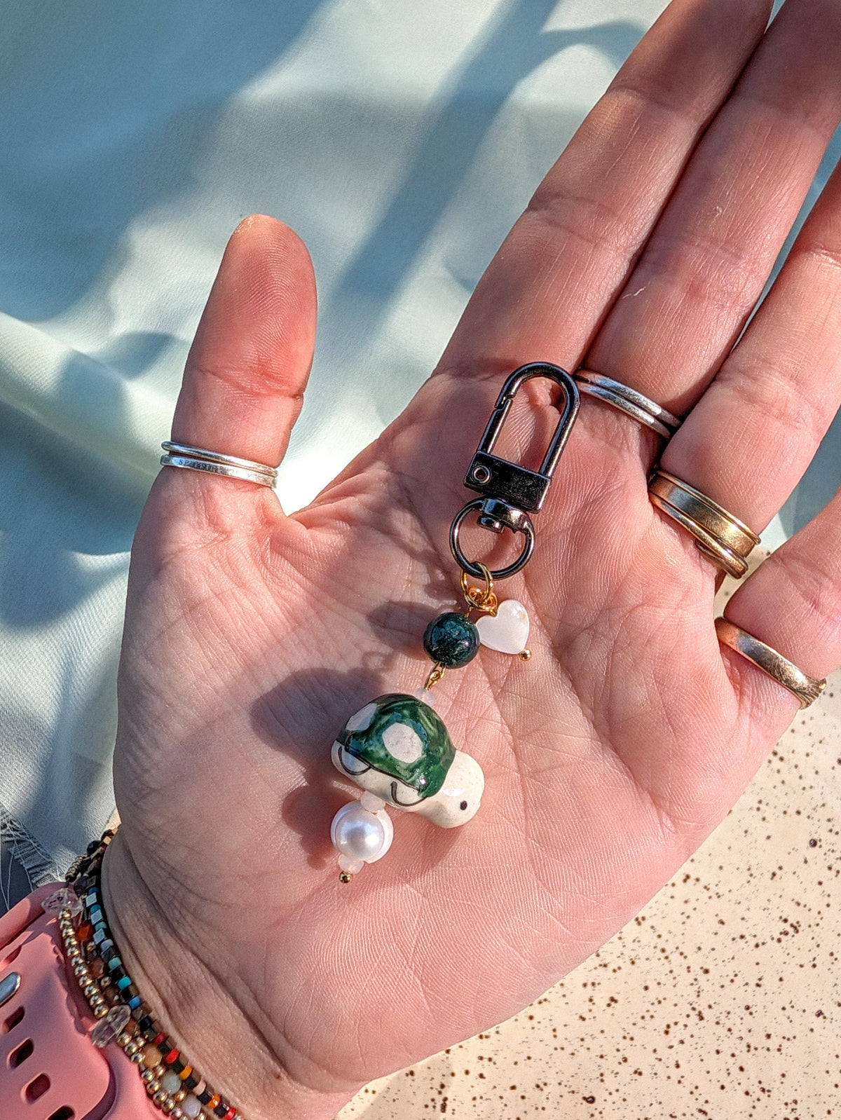 Bag Charm - Ceramic Turtle - Freshwater Pearl, Moss Agate, Shell Heart