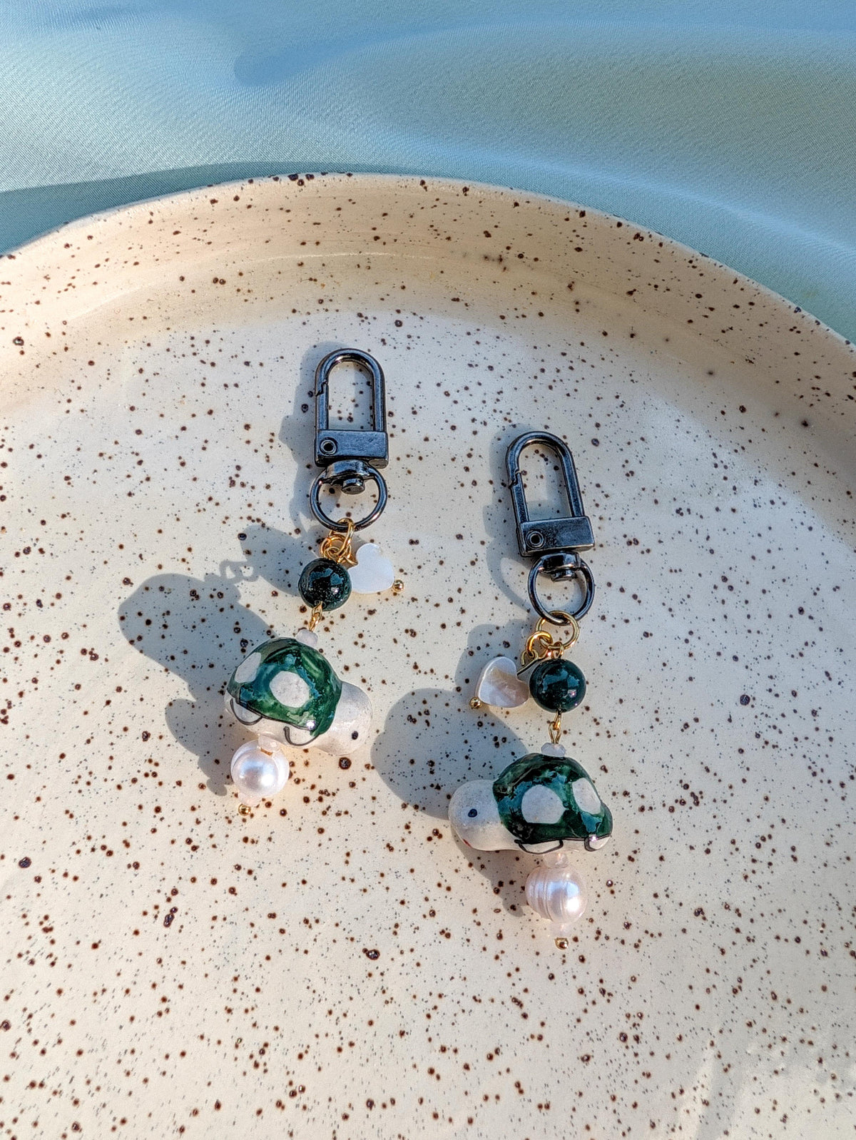 Bag Charm - Ceramic Turtle - Freshwater Pearl, Moss Agate, Shell Heart