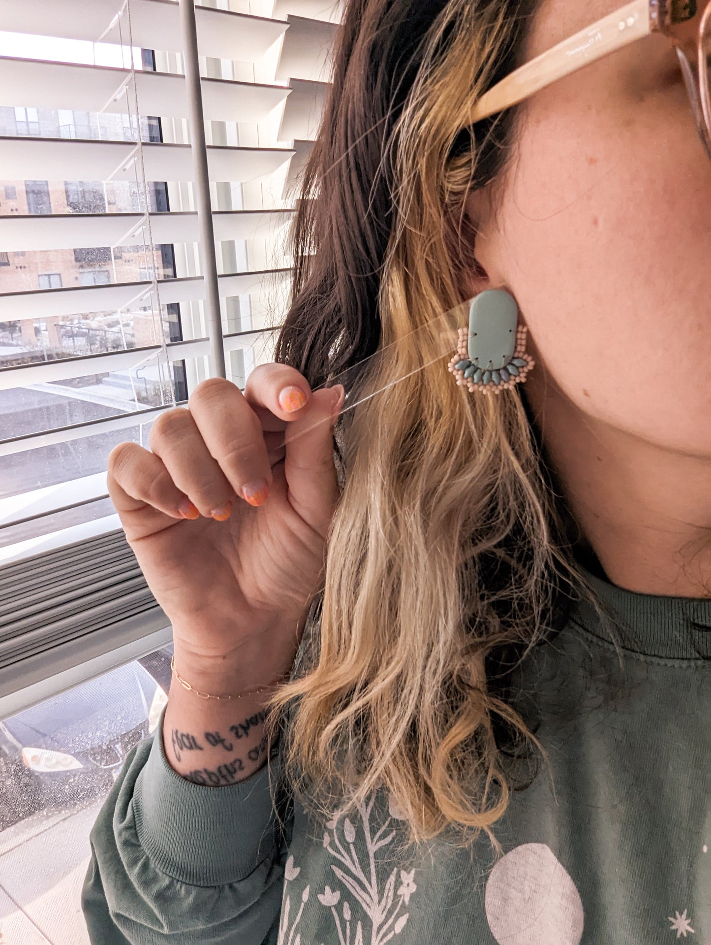 Oval Stud - Sage & Blush